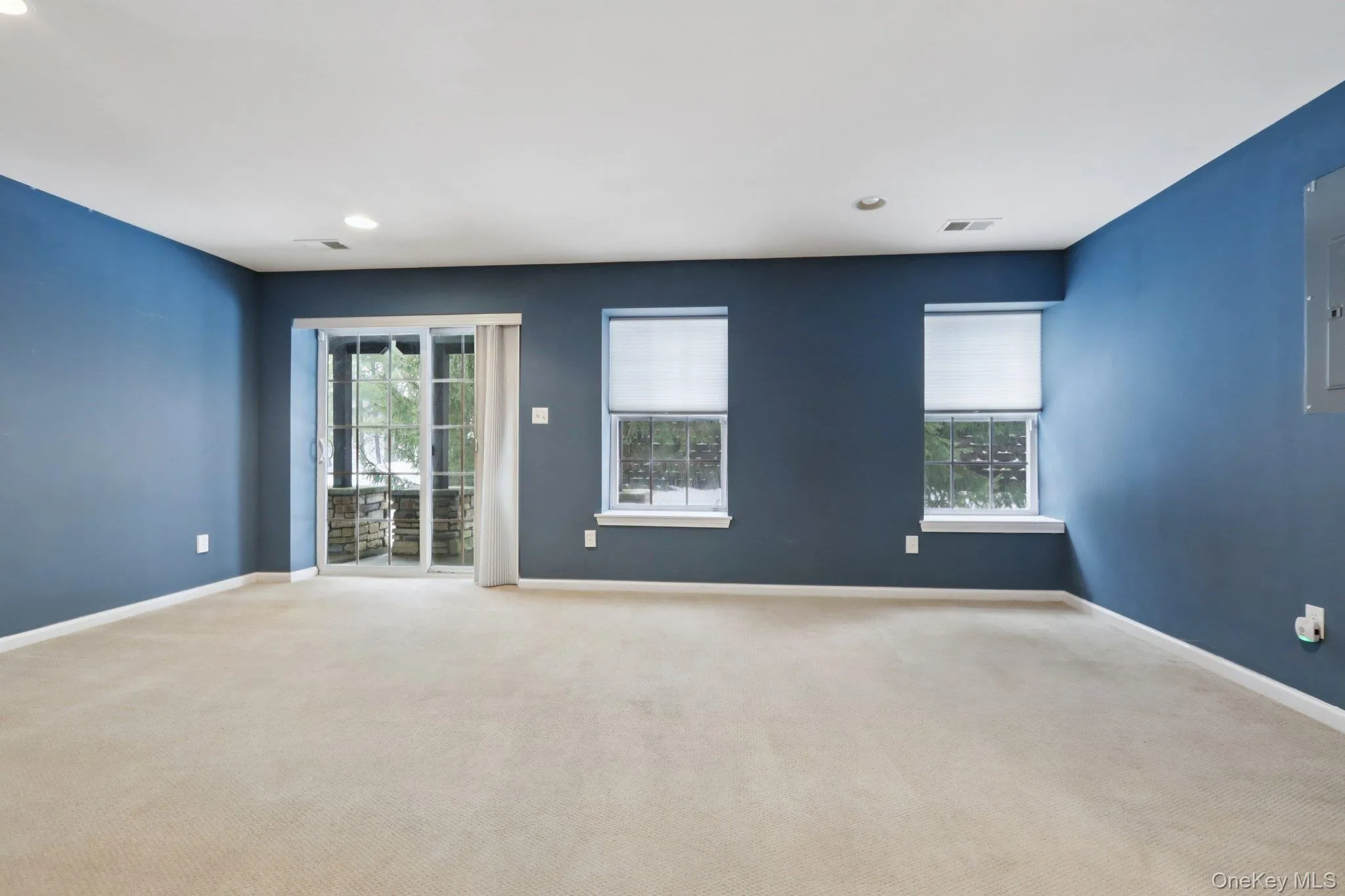 Carpeted spare room featuring recessed lighting and electric panel Carpeted spare room featuring recessed lighting and electric panel