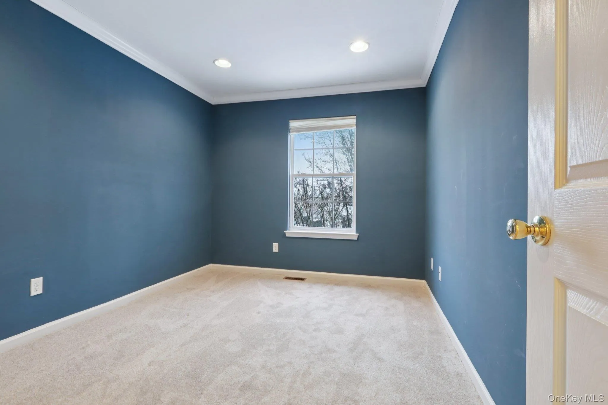 Carpeted empty room with crown molding and recessed lighting Carpeted empty room with crown molding and recessed lighting