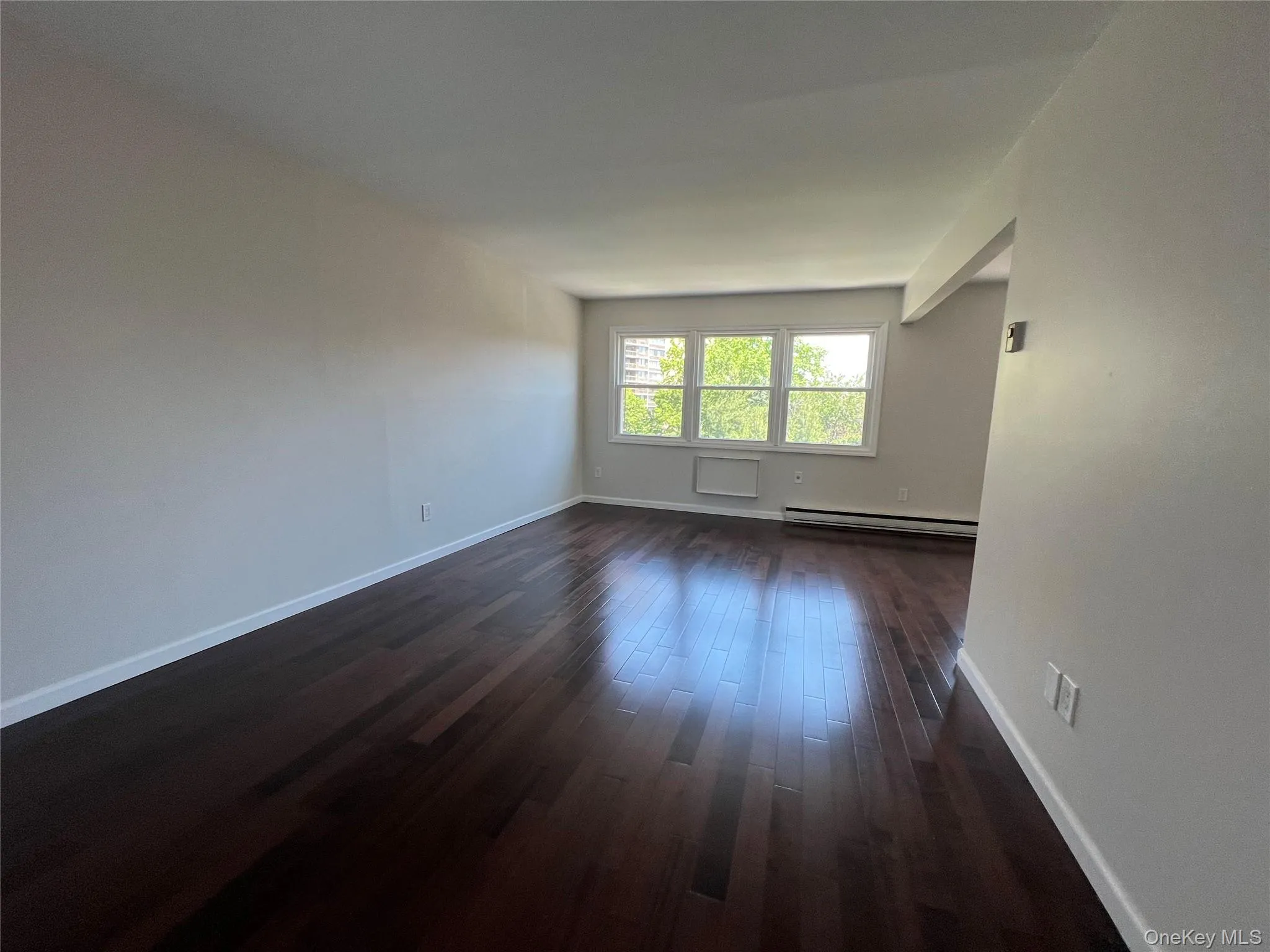 Unfurnished room featuring dark wood finished floors and a baseboard heating unit Unfurnished room featuring dark wood finished floors and a baseboard heating unit