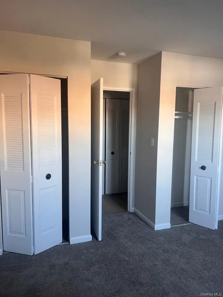 Unfurnished bedroom featuring multiple closets and dark carpet Unfurnished bedroom featuring multiple closets and dark carpet