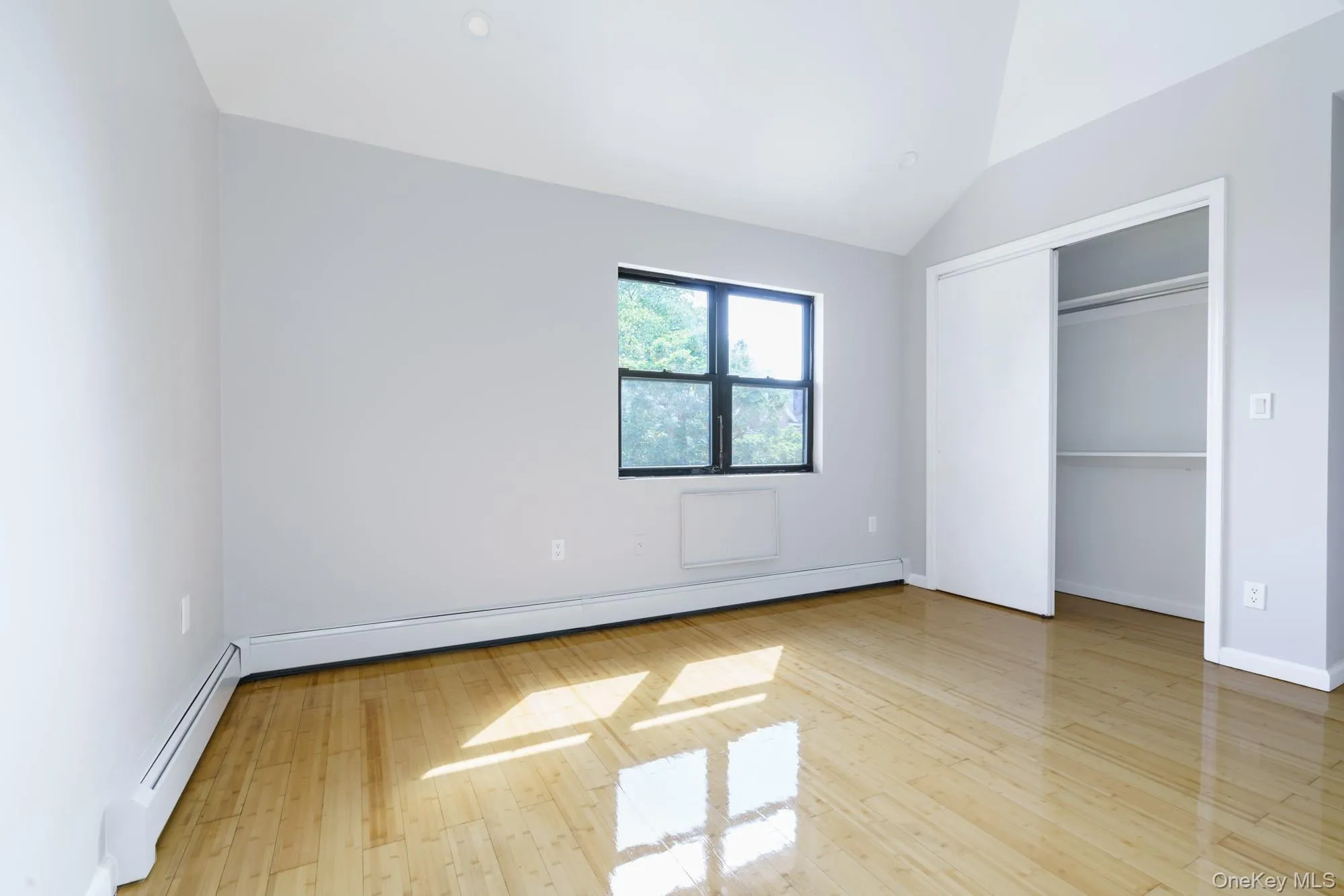 Unfurnished bedroom featuring lofted ceiling, baseboard heating, a baseboard heating unit, light wood finished floors, and a closet Unfurnished bedroom featuring lofted ceiling, baseboard heating, a baseboard heating unit, light wood finished floors, and a closet