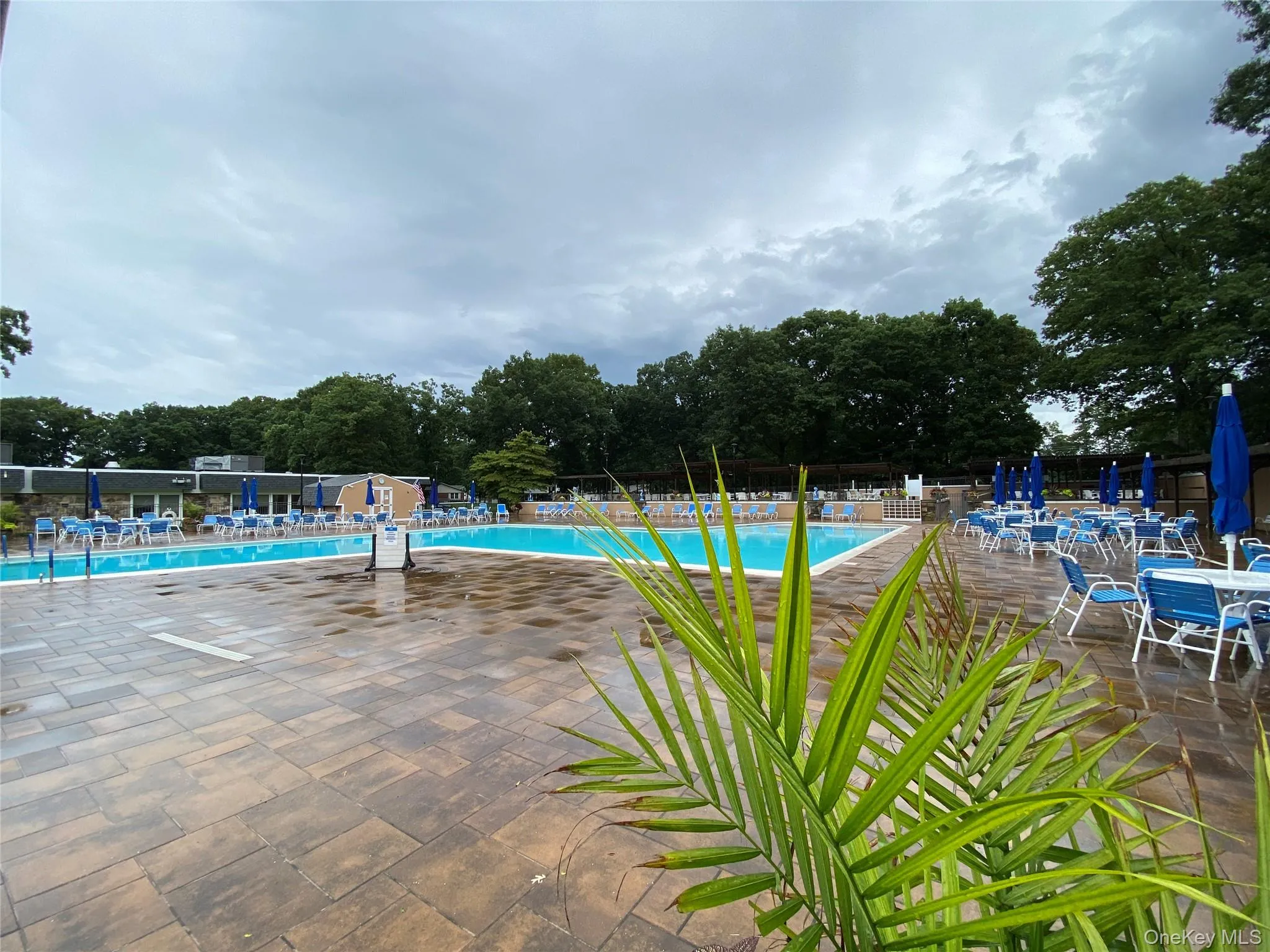 Outdoor recreation area featuring a large swimming pool with light blue water, surrounded by an expansive paver patio Outdoor recreation area featuring a large swimming pool with light blue water, surrounded by an expansive paver patio