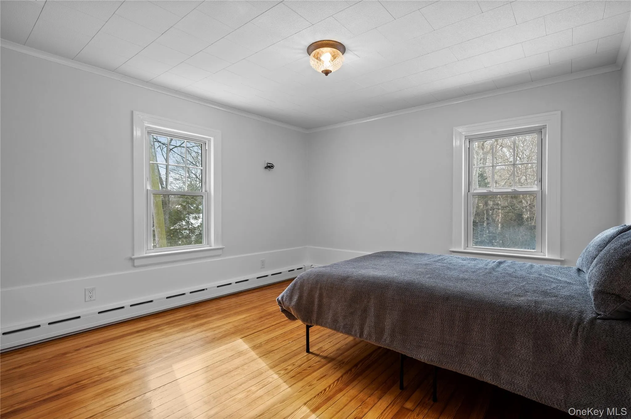 Bedroom featuring a baseboard heating unit, ornamental molding, and light wood-style floors Bedroom featuring a baseboard heating unit, ornamental molding, and light wood-style floors