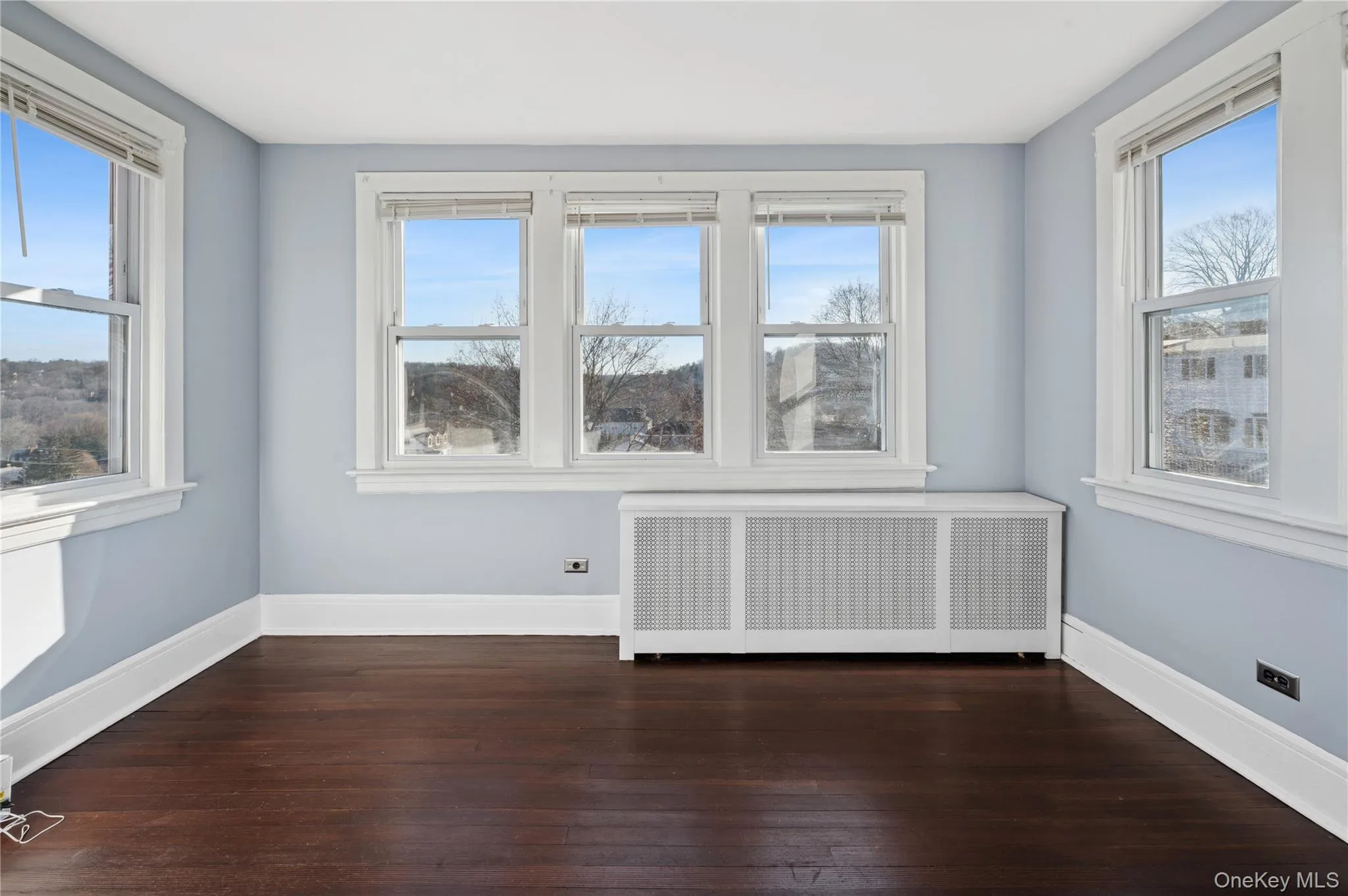 Spare room with radiator and dark wood-type flooring Spare room with radiator and dark wood-type flooring