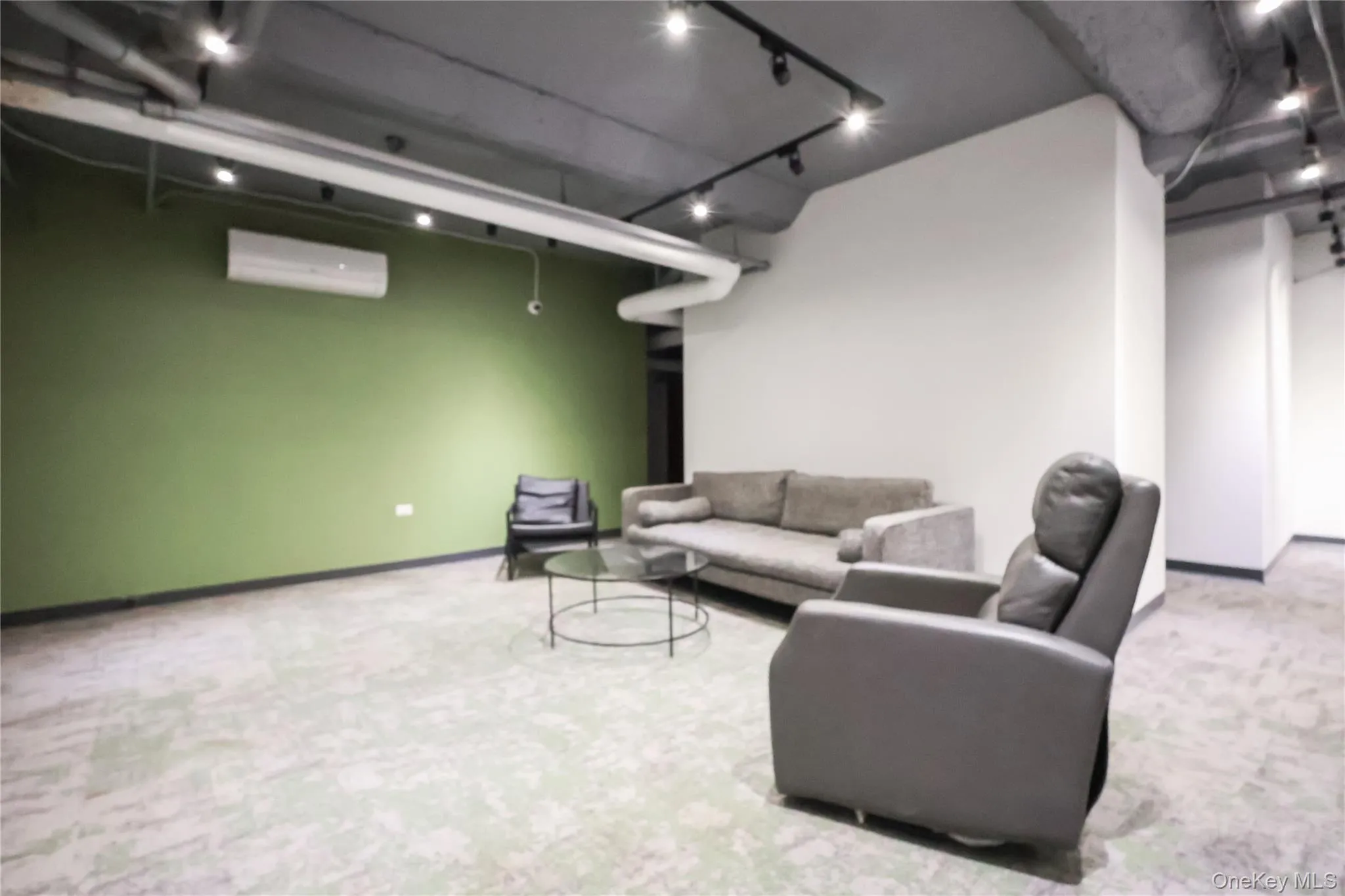 Living area with light carpet, rail lighting, and a wall mounted AC Living area with light carpet, rail lighting, and a wall mounted AC