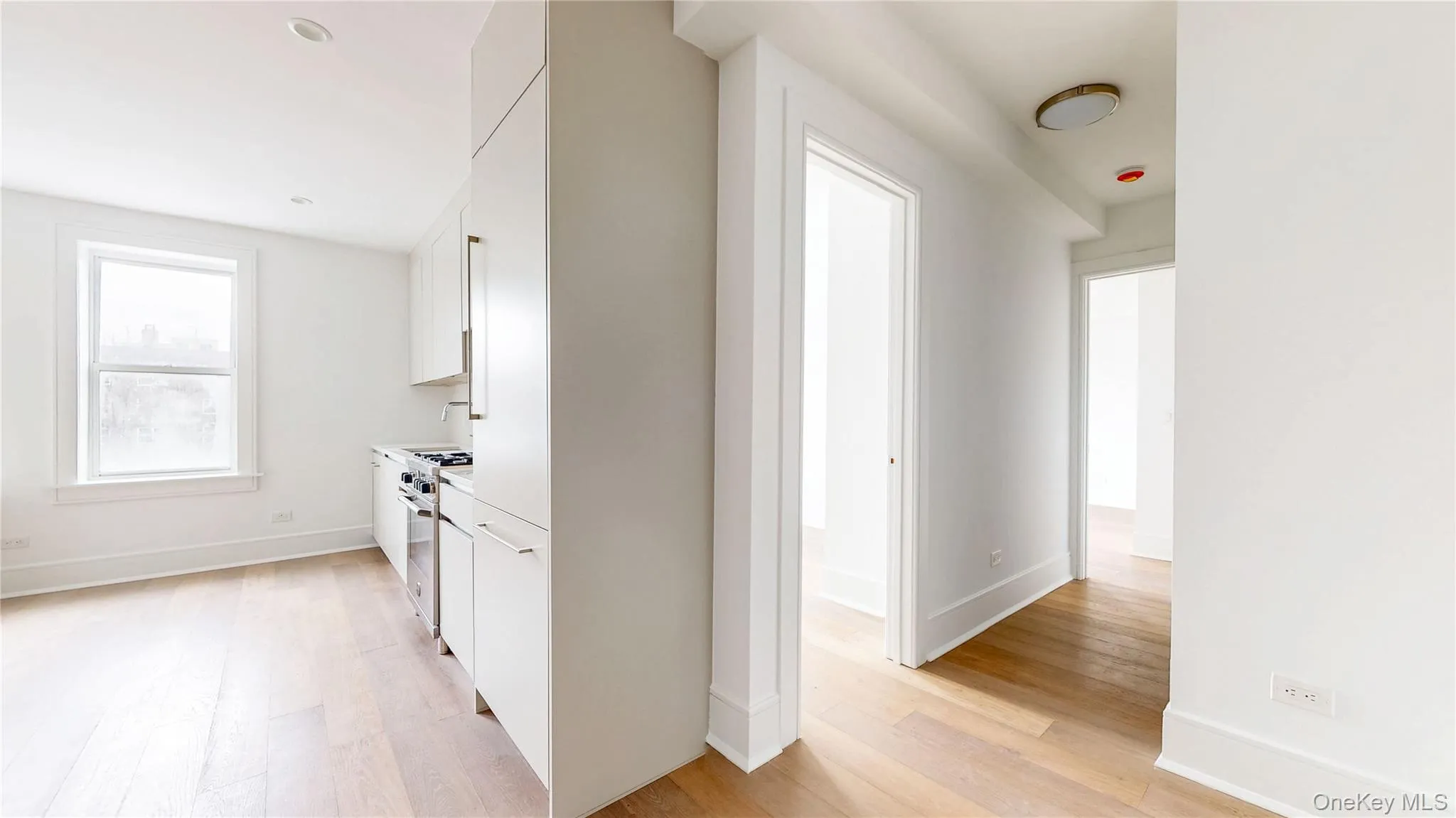 Kitchen featuring white cabinets, light countertops, light wood-style floors, and high end appliances. Kitchen featuring white cabinets, light countertops, light wood-style floors, and high end appliances.