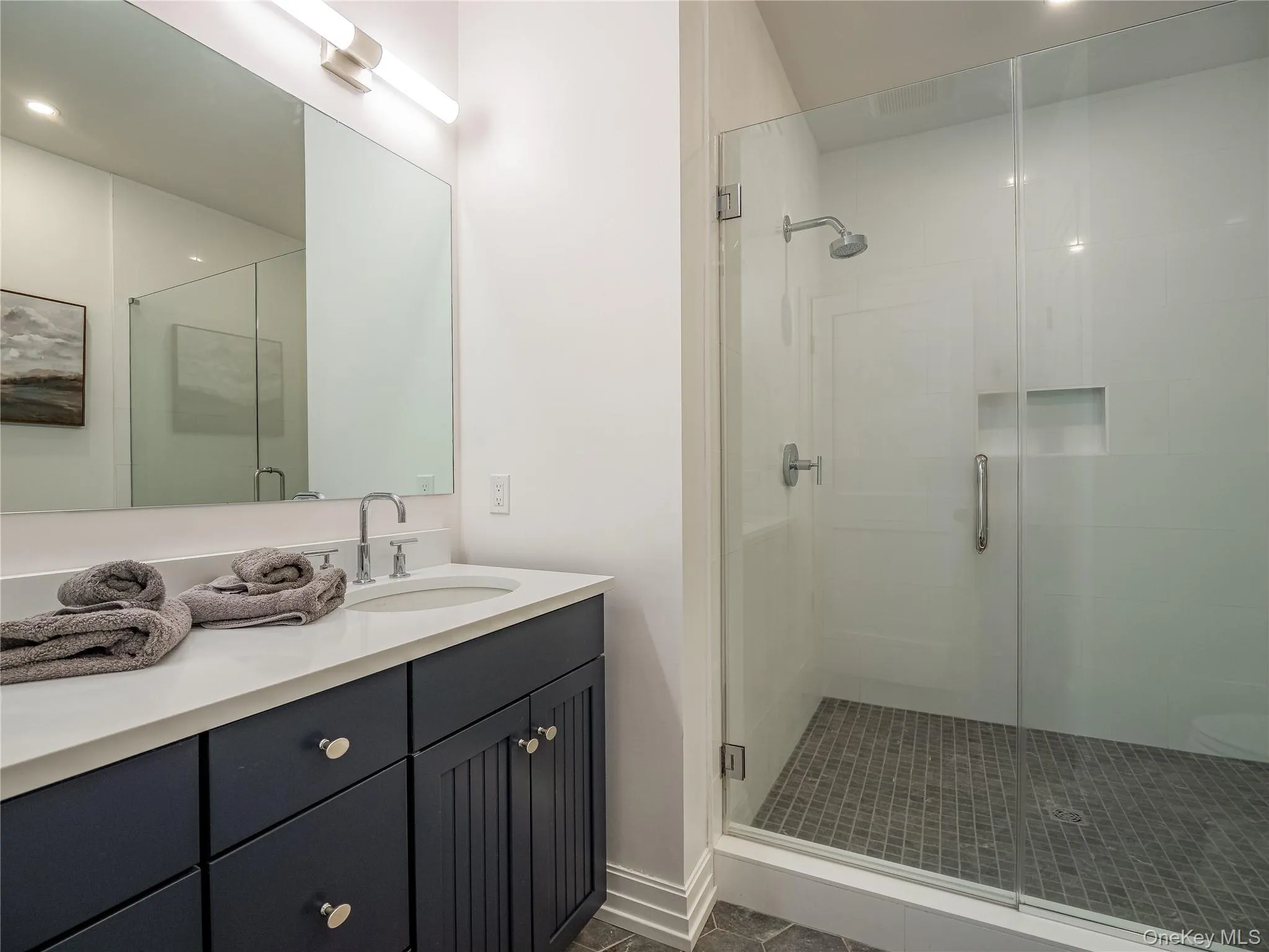 Bathroom featuring vanity, a shower stall, and recessed lighting Bathroom featuring vanity, a shower stall, and recessed lighting