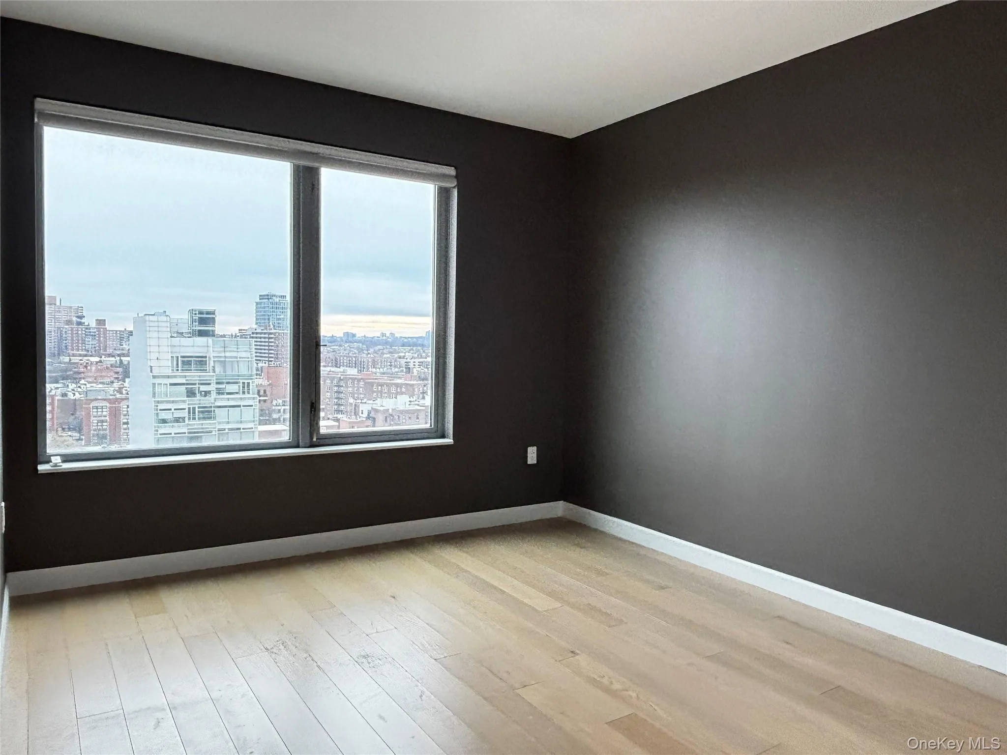 Unfurnished room with light wood-style floors and a view of city Unfurnished room with light wood-style floors and a view of city