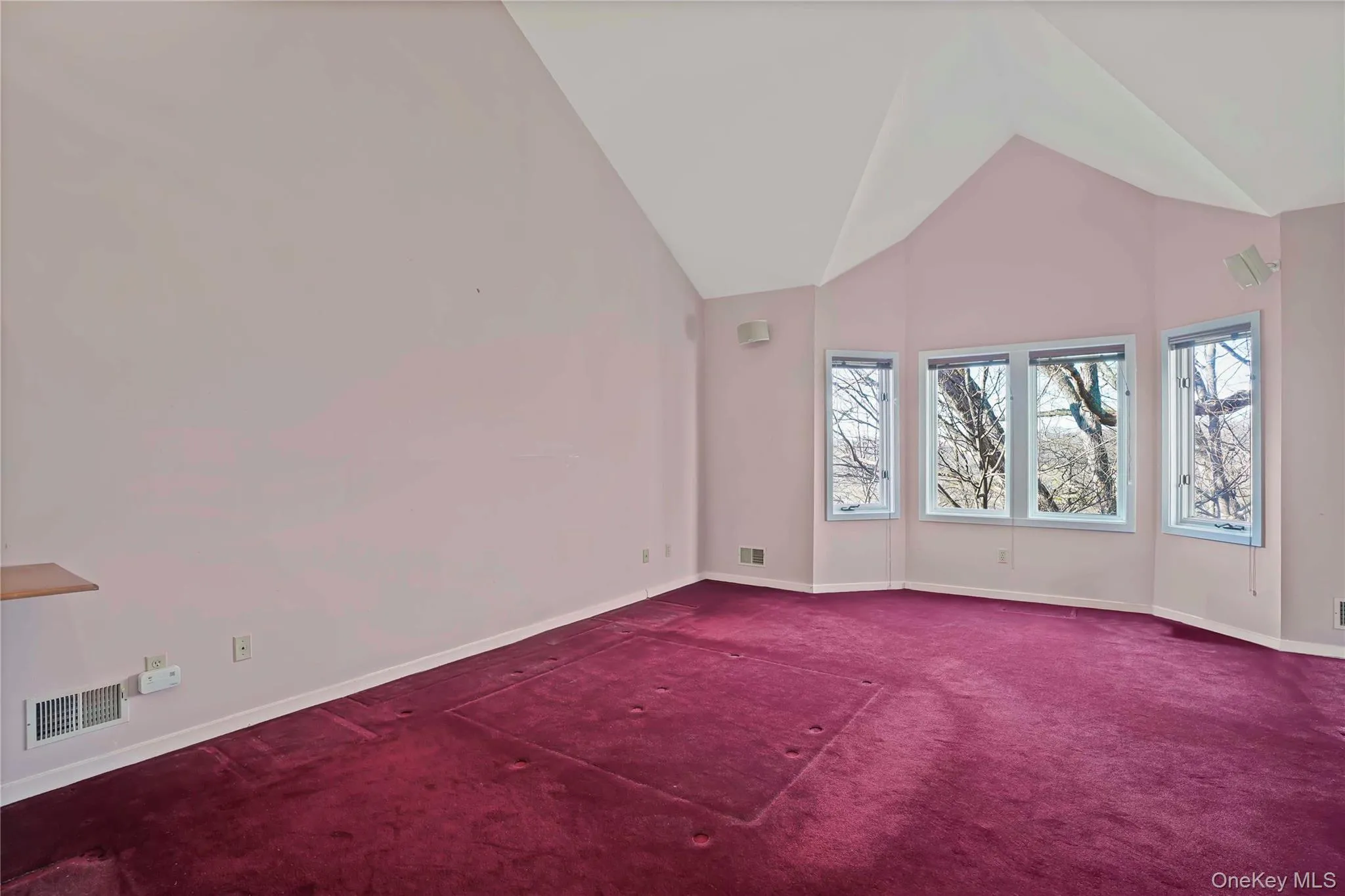 Spare room with high vaulted ceiling and carpet Spare room with high vaulted ceiling and carpet