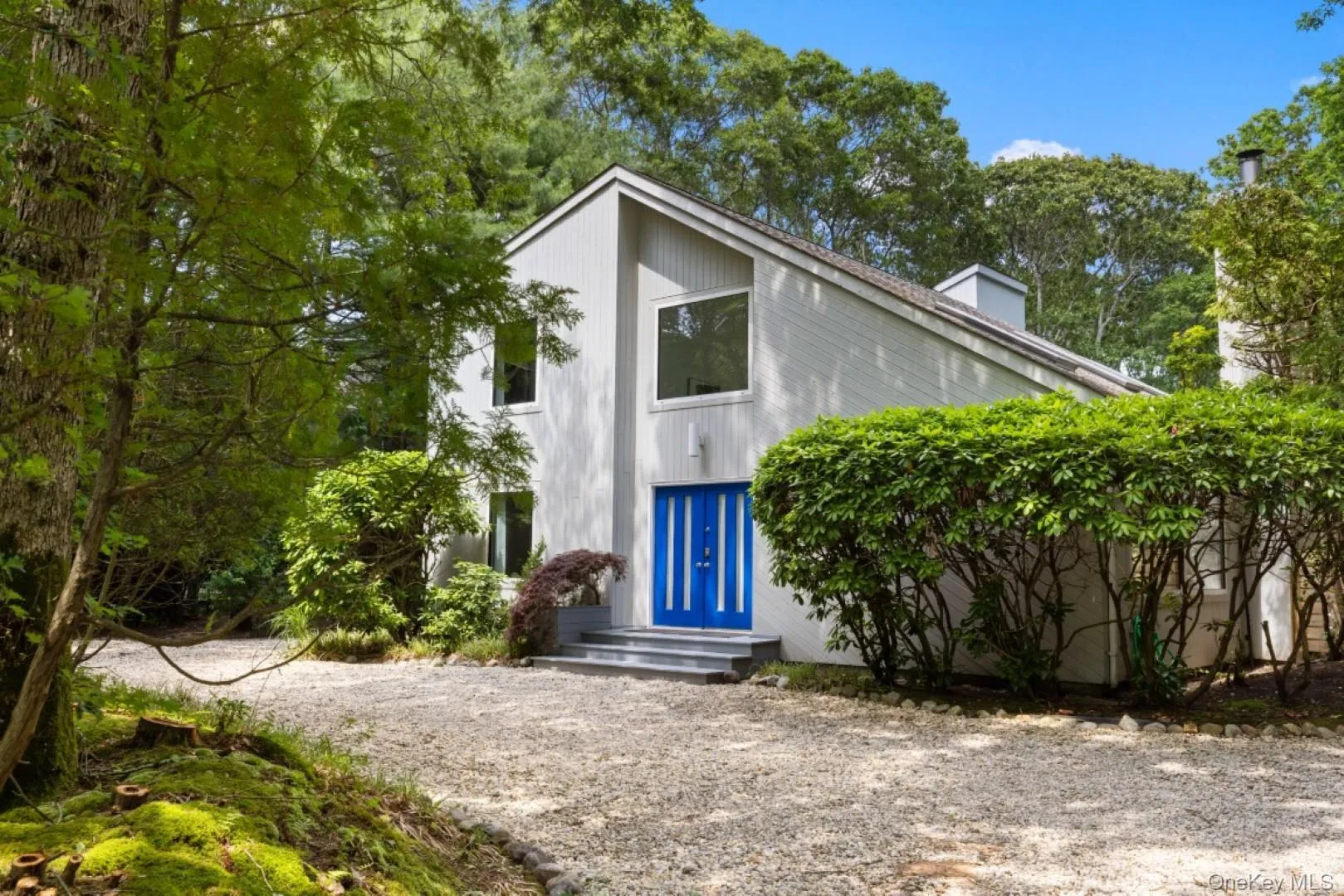 Mid-century modern home featuring a chimney and view of scattered trees Mid-century modern home featuring a chimney and view of scattered trees