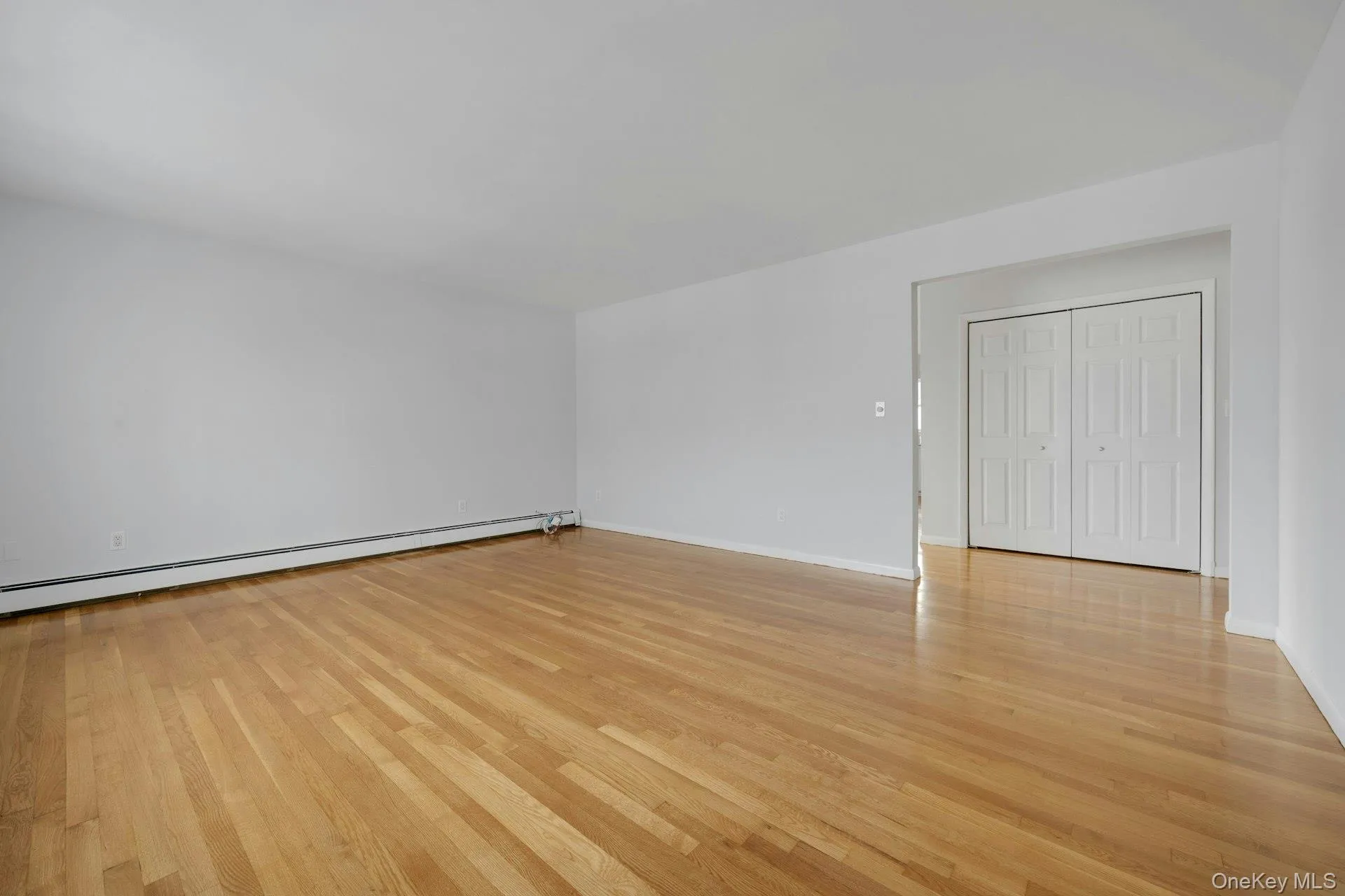 Unfurnished room with light wood-style floors and a baseboard radiator Unfurnished room with light wood-style floors and a baseboard radiator