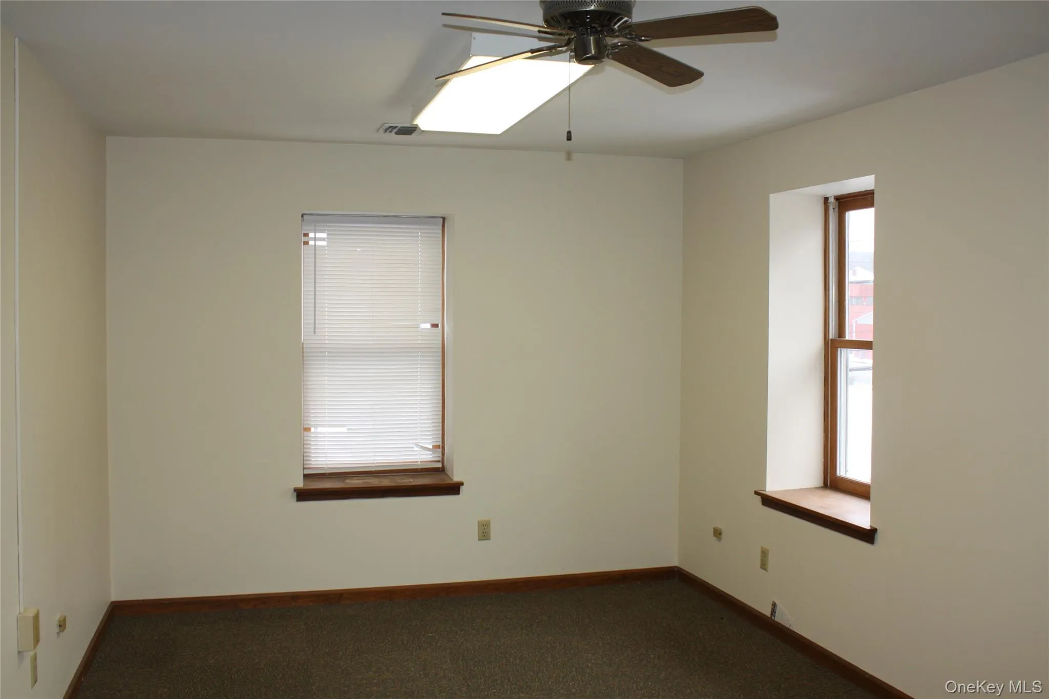 Carpeted spare room with a skylight and ceiling fan Carpeted spare room with a skylight and ceiling fan