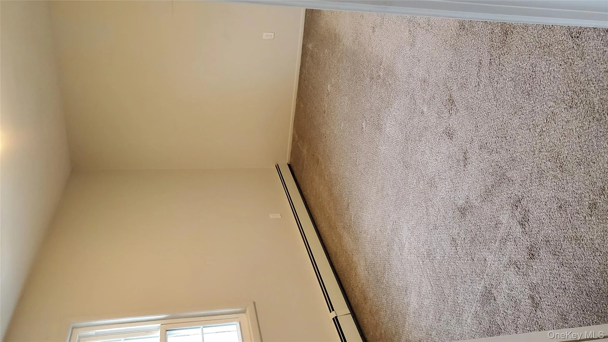 Empty room with light carpet and baseboard heating Empty room with light carpet and baseboard heating