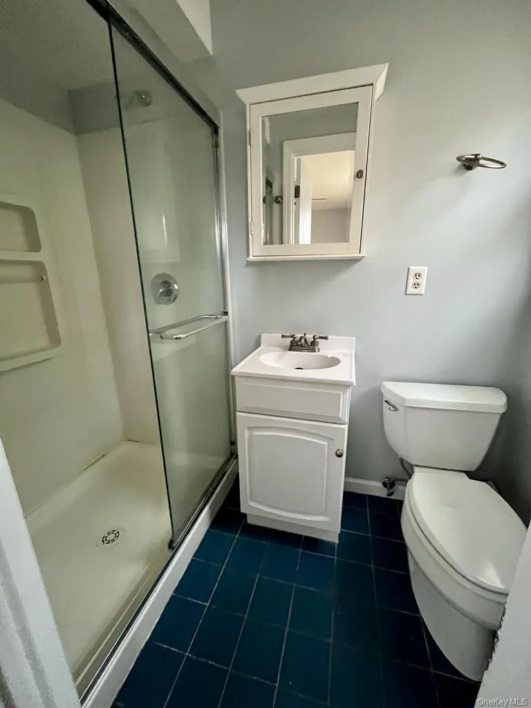 Bathroom with a stall shower, vanity, and dark tile patterned flooring Bathroom with a stall shower, vanity, and dark tile patterned flooring