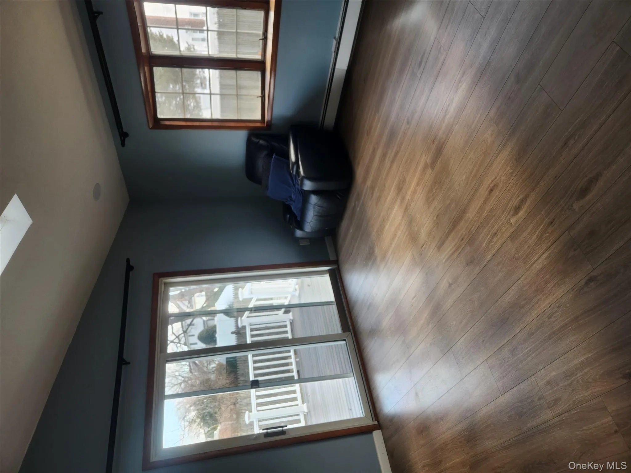 Unfurnished room with a baseboard radiator, lofted ceiling, a skylight, and dark wood finished floors Unfurnished room with a baseboard radiator, lofted ceiling, a skylight, and dark wood finished floors