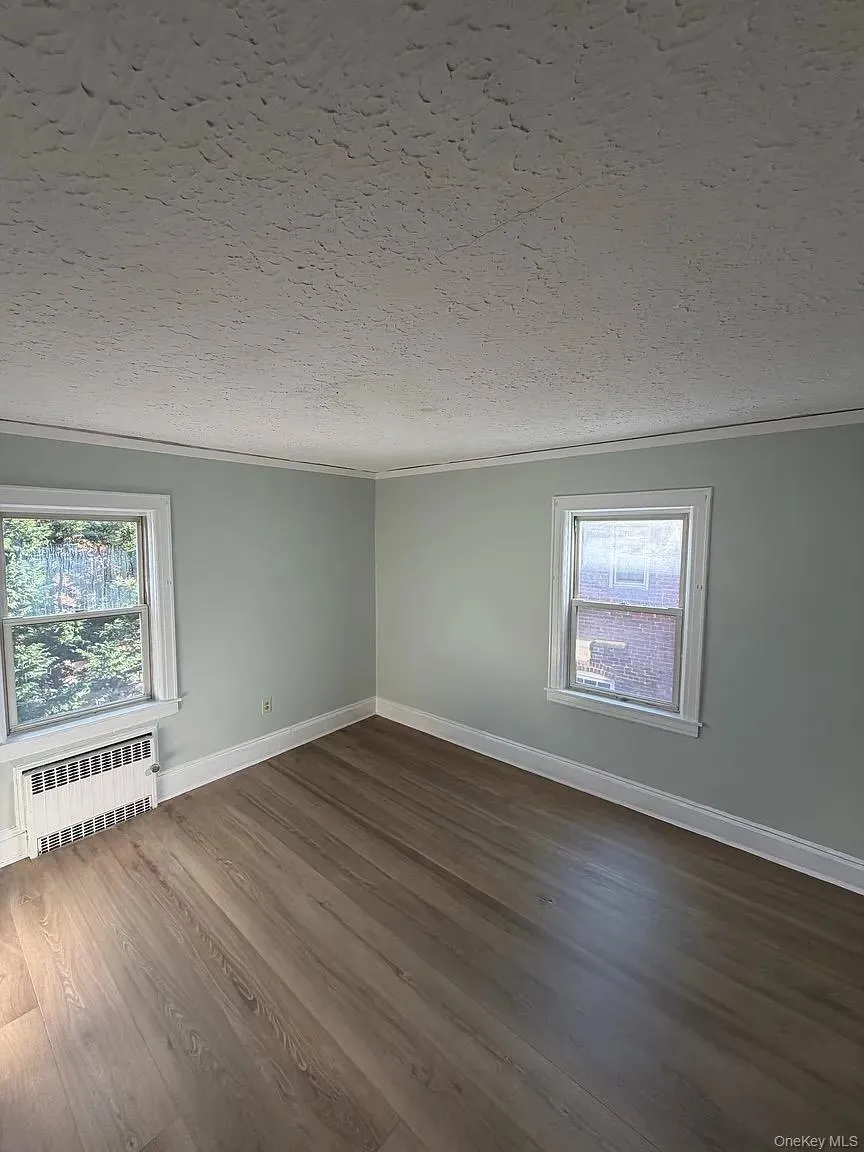 Spare room featuring radiator heating unit, dark wood-type flooring, ornamental molding, and a textured ceiling Spare room featuring radiator heating unit, dark wood-type flooring, ornamental molding, and a textured ceiling