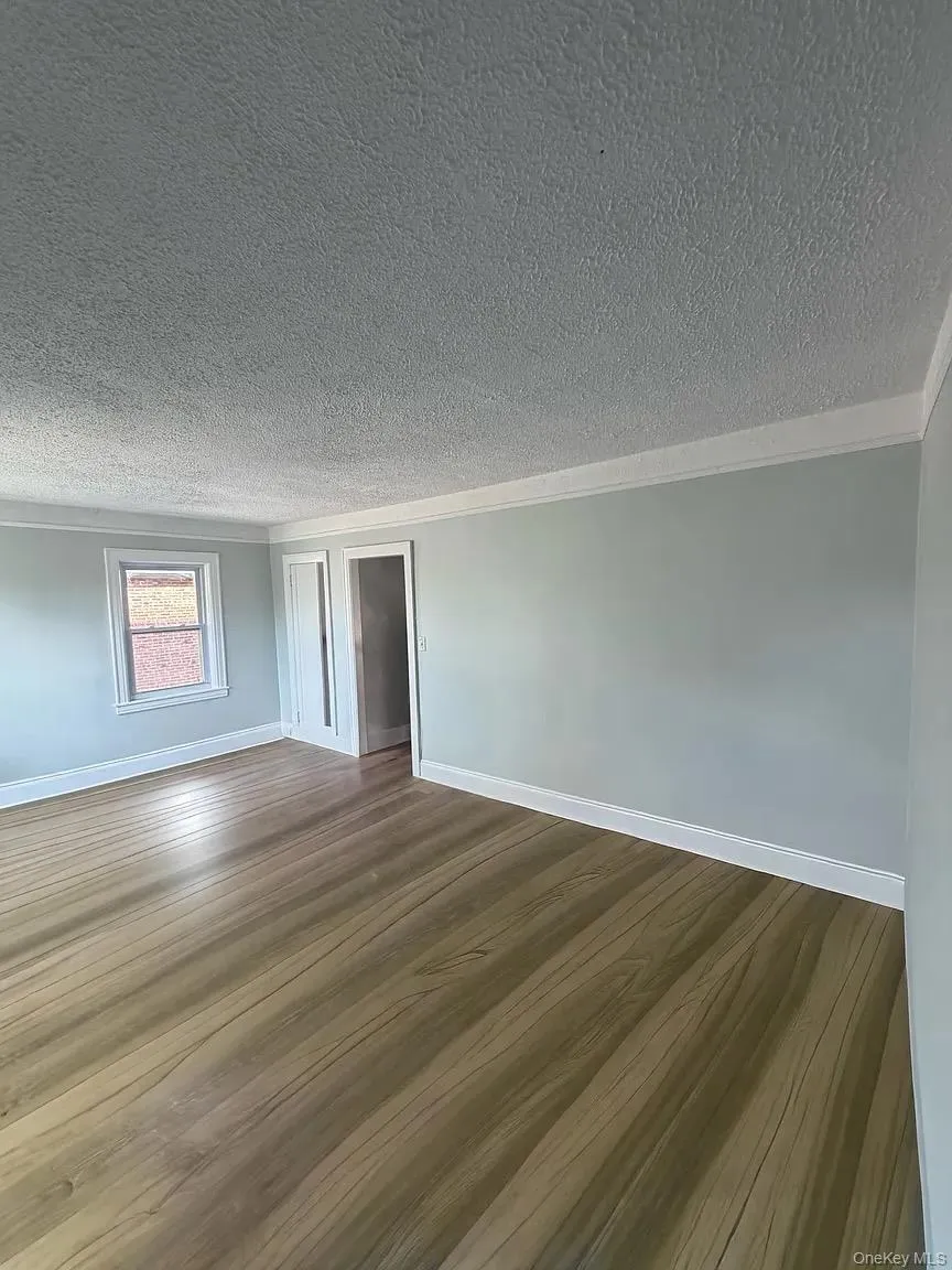 Spare room featuring crown molding, dark wood-style floors, and a textured ceiling Spare room featuring crown molding, dark wood-style floors, and a textured ceiling