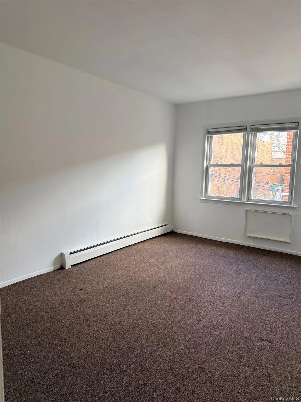 Carpeted spare room featuring a baseboard radiator and baseboards Carpeted spare room featuring a baseboard radiator and baseboards