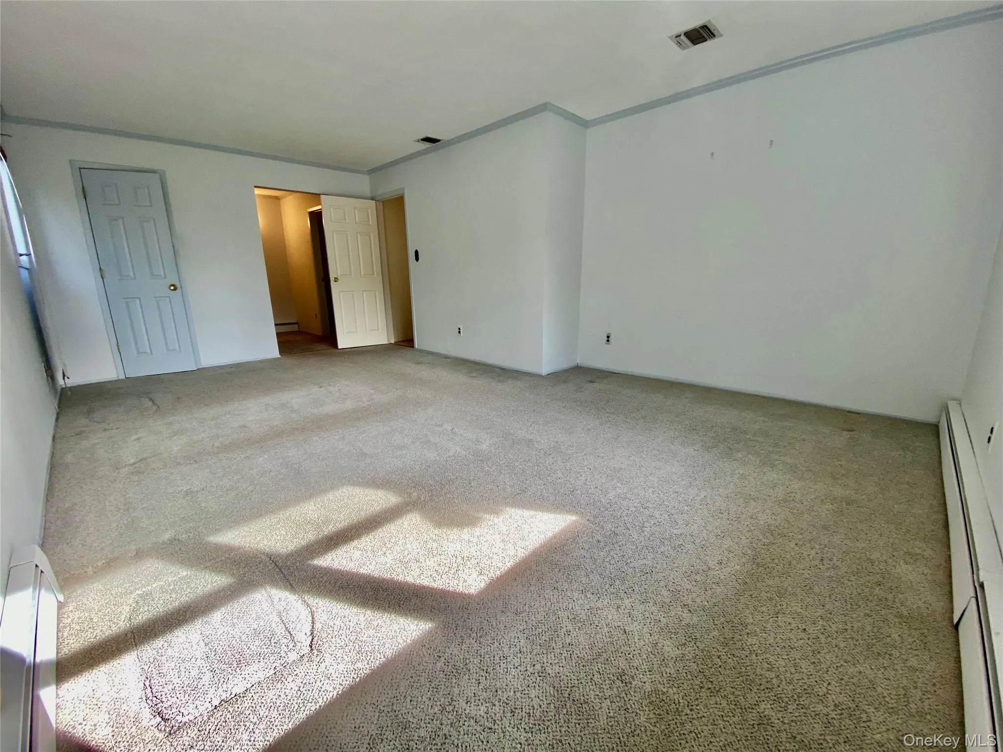 Unfurnished bedroom featuring a baseboard heating unit, carpet, and ornamental molding Unfurnished bedroom featuring a baseboard heating unit, carpet, and ornamental molding