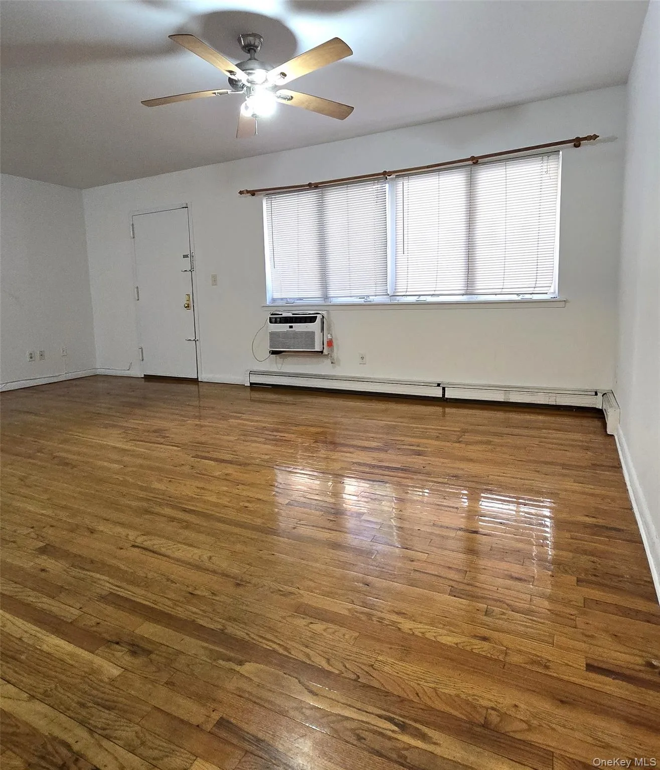 Unfurnished room featuring light wood-style floors, baseboard heating, plenty of natural light, and ceiling fan Unfurnished room featuring light wood-style floors, baseboard heating, plenty of natural light, and ceiling fan