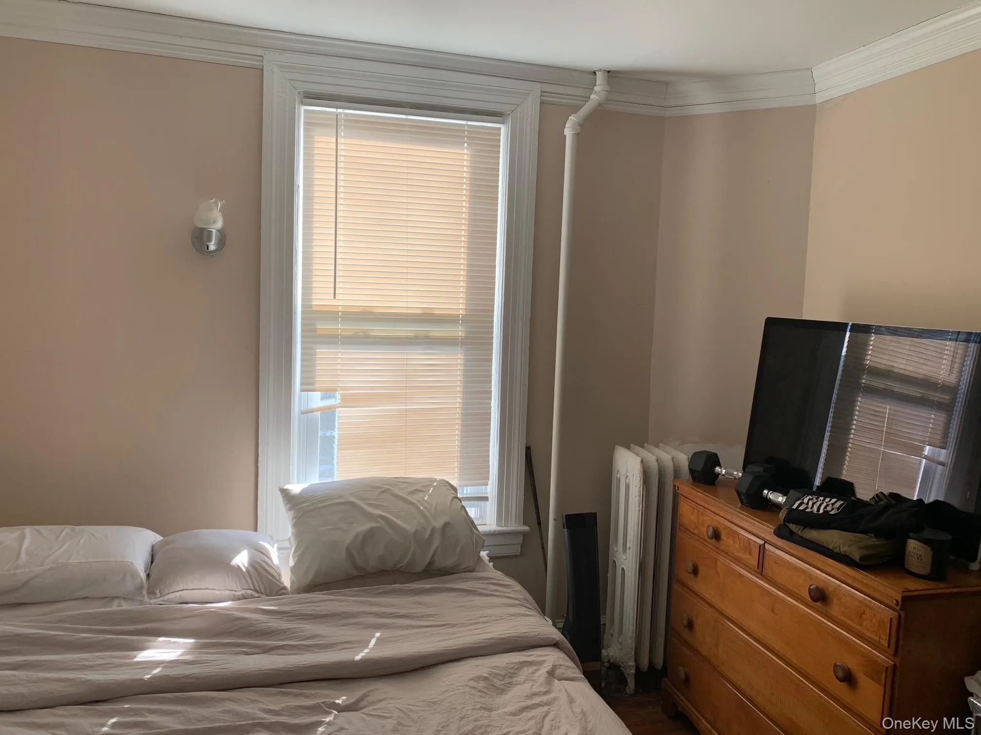 Bedroom with ornamental molding and radiator heating unit Bedroom with ornamental molding and radiator heating unit
