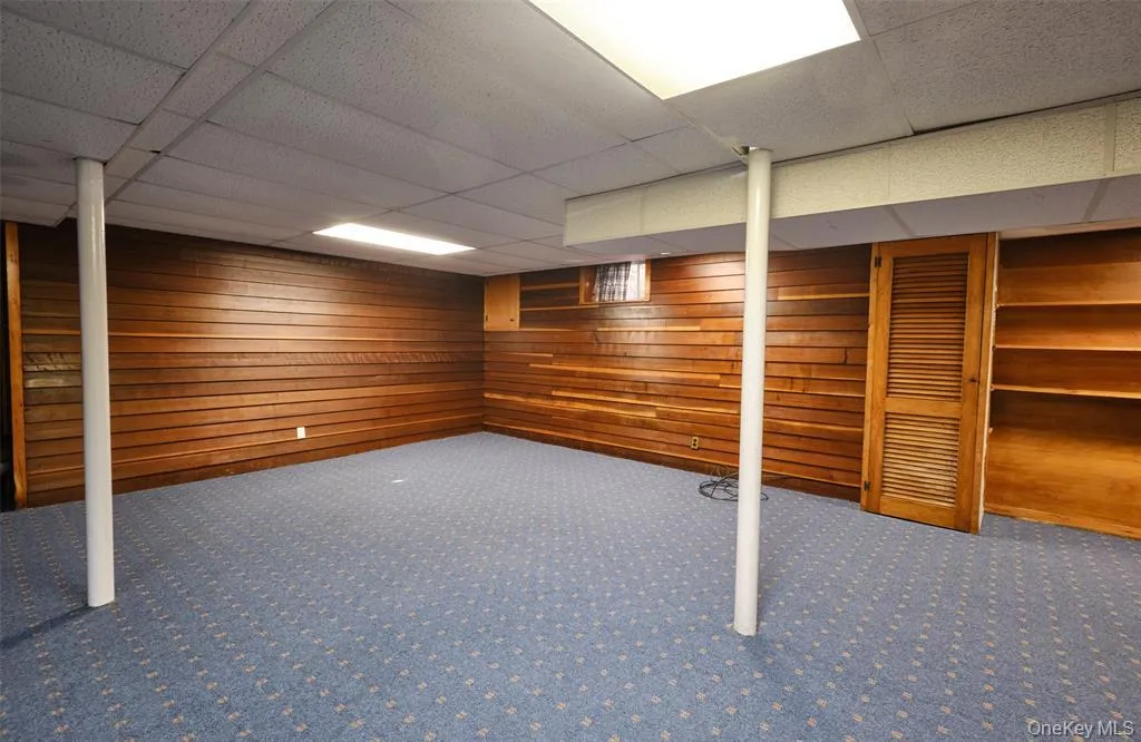 Finished basement featuring wood walls, carpet flooring, and a paneled ceiling Finished basement featuring wood walls, carpet flooring, and a paneled ceiling
