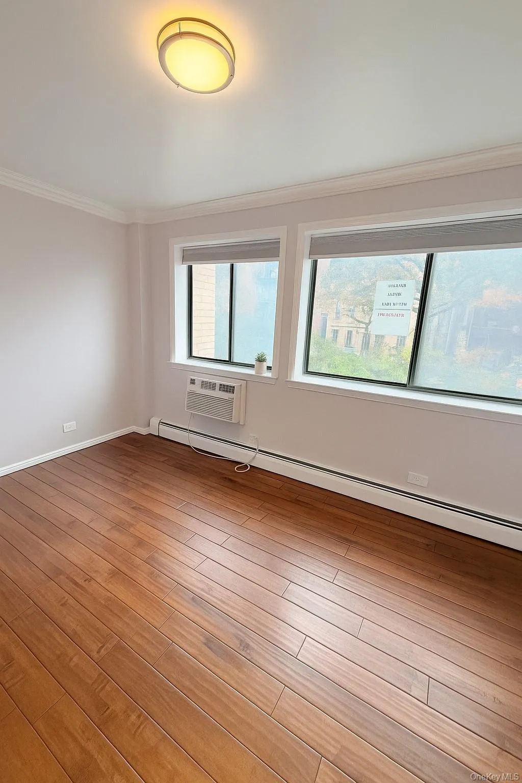 Empty room featuring a baseboard radiator, plenty of natural light, crown molding, light wood-style floors, and a wall mounted air conditioner Empty room featuring a baseboard radiator, plenty of natural light, crown molding, light wood-style floors, and a wall mounted air conditioner