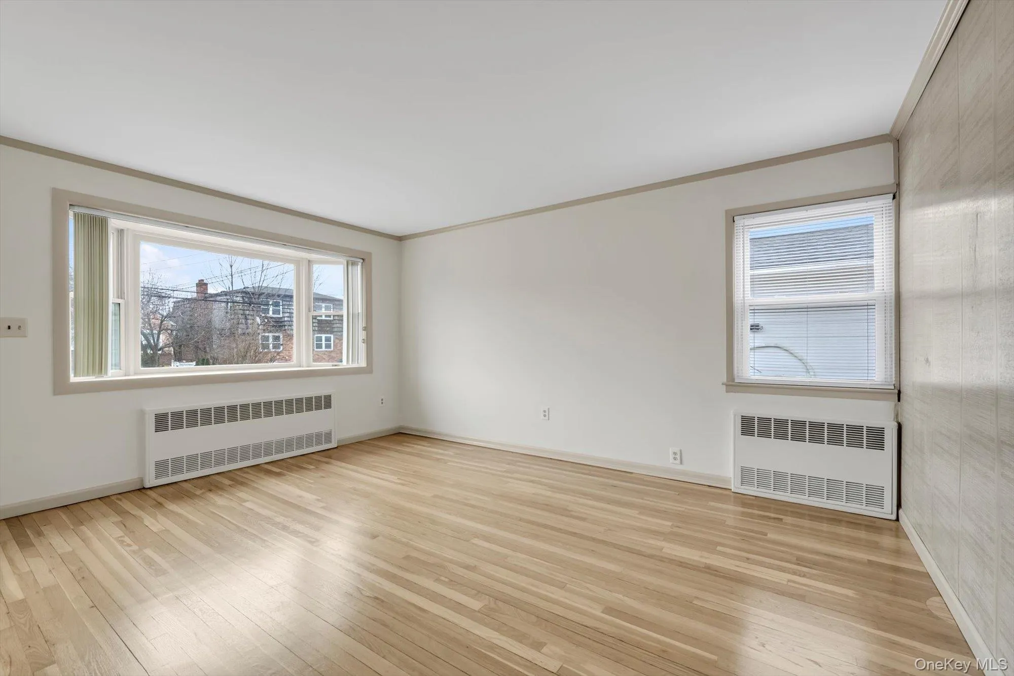 Spare room featuring radiator heating unit, ornamental molding, and light wood finished floors Spare room featuring radiator heating unit, ornamental molding, and light wood finished floors