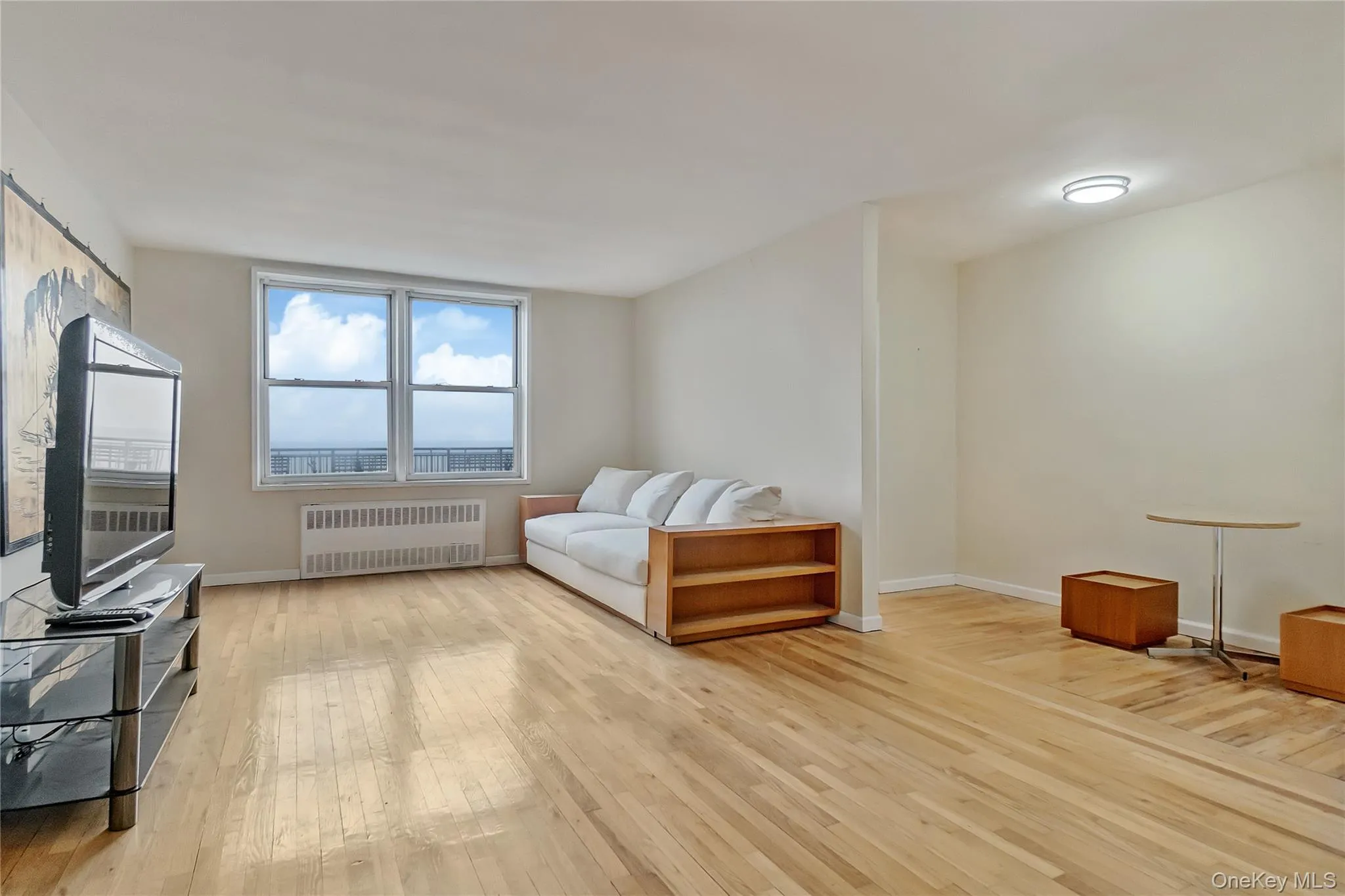 Living area featuring radiator heating unit and light wood finished floors Living area featuring radiator heating unit and light wood finished floors