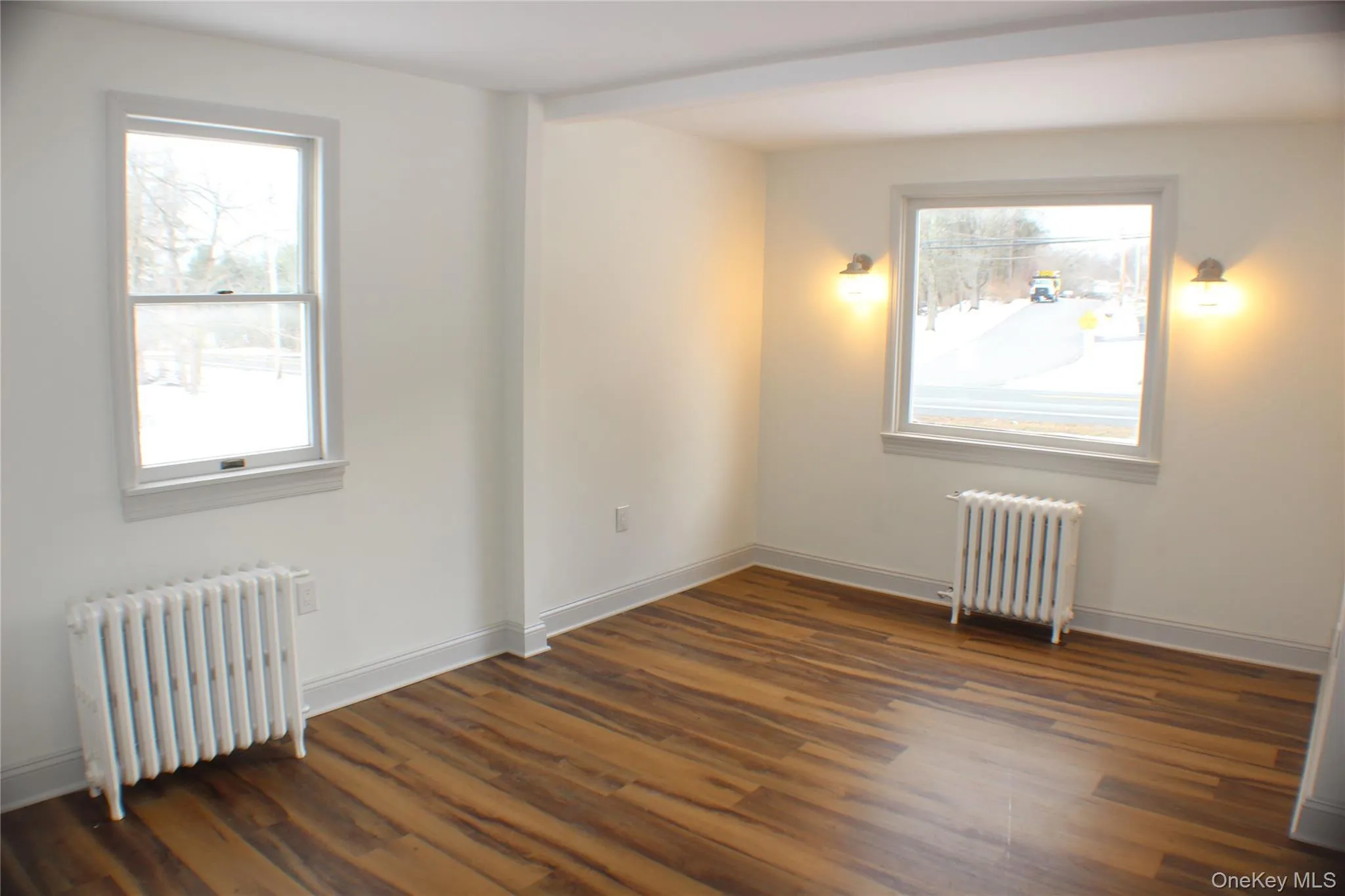 Empty room with radiator and dark wood-type flooring Empty room with radiator and dark wood-type flooring