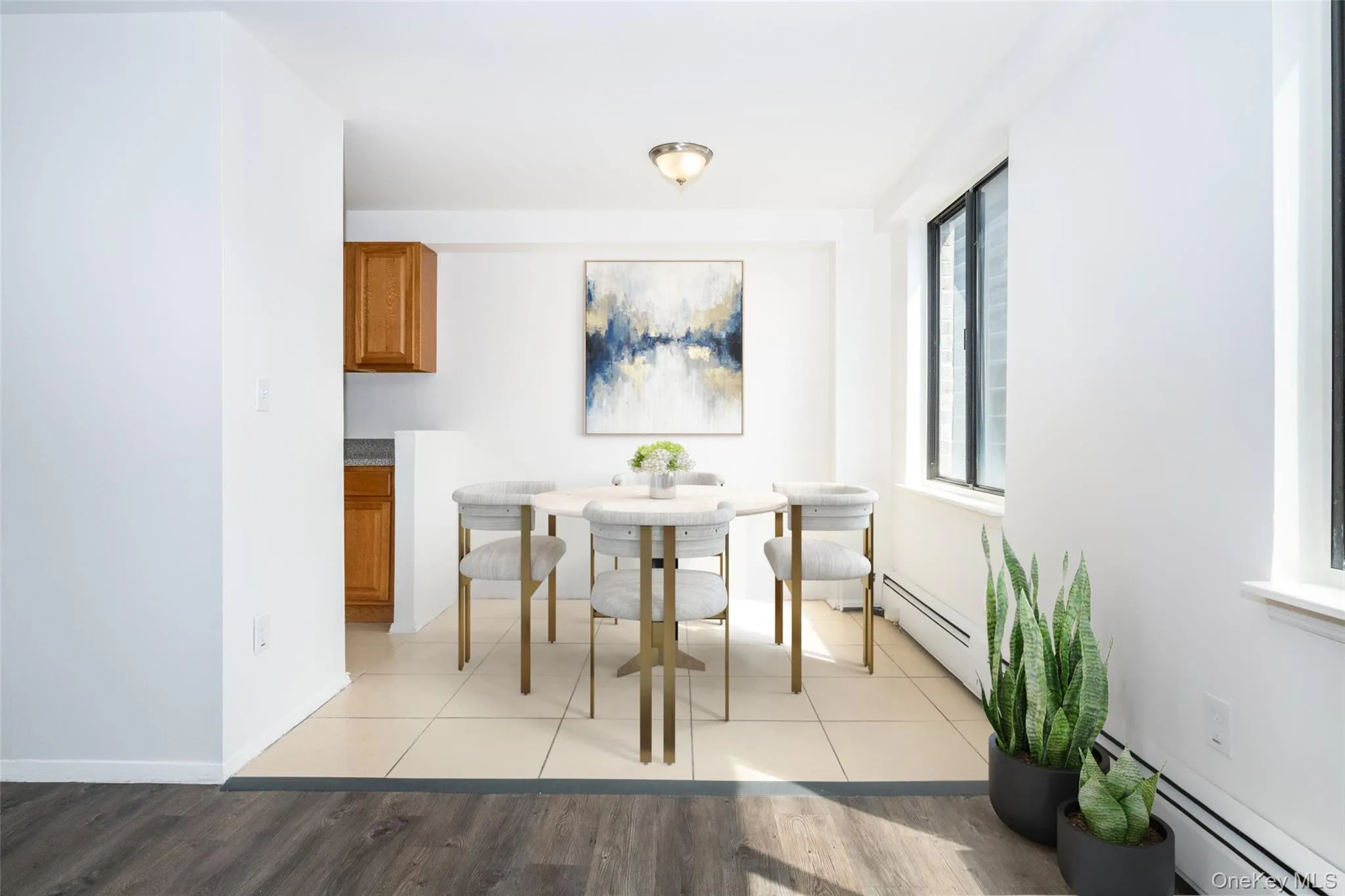 Dining room featuring a baseboard radiator and light wood finished floors Dining room featuring a baseboard radiator and light wood finished floors