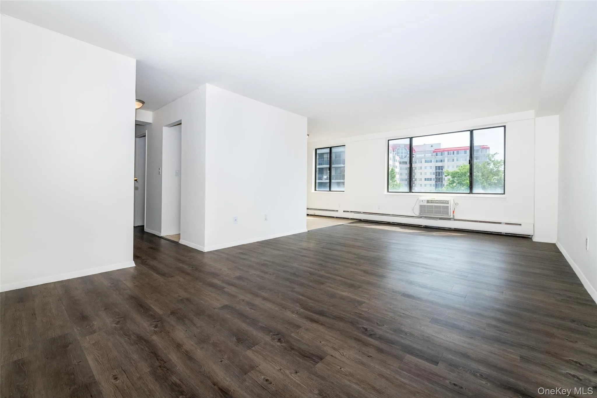 Spare room with dark wood-style flooring, an AC wall unit, and a baseboard heating unit Spare room with dark wood-style flooring, an AC wall unit, and a baseboard heating unit