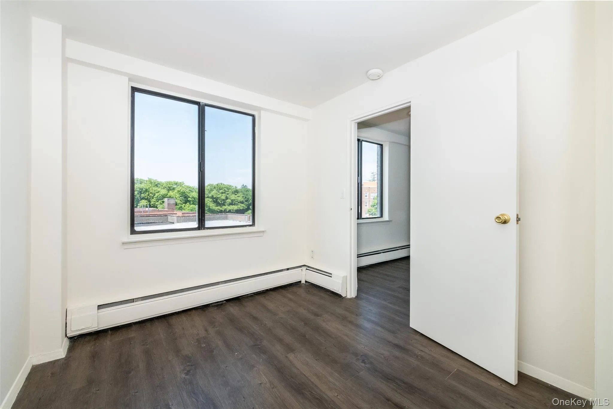 Unfurnished room with dark wood-style flooring and a baseboard heating unit Unfurnished room with dark wood-style flooring and a baseboard heating unit