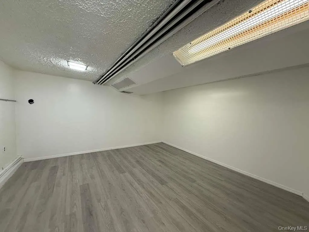 Finished below grade area featuring a textured ceiling, light wood-style floors, and a baseboard heating unit Finished below grade area featuring a textured ceiling, light wood-style floors, and a baseboard heating unit