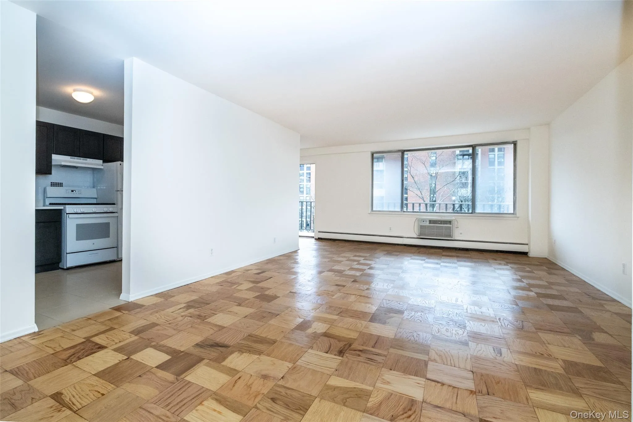 Unfurnished living room featuring a baseboard radiator and a wall mounted AC Unfurnished living room featuring a baseboard radiator and a wall mounted AC
