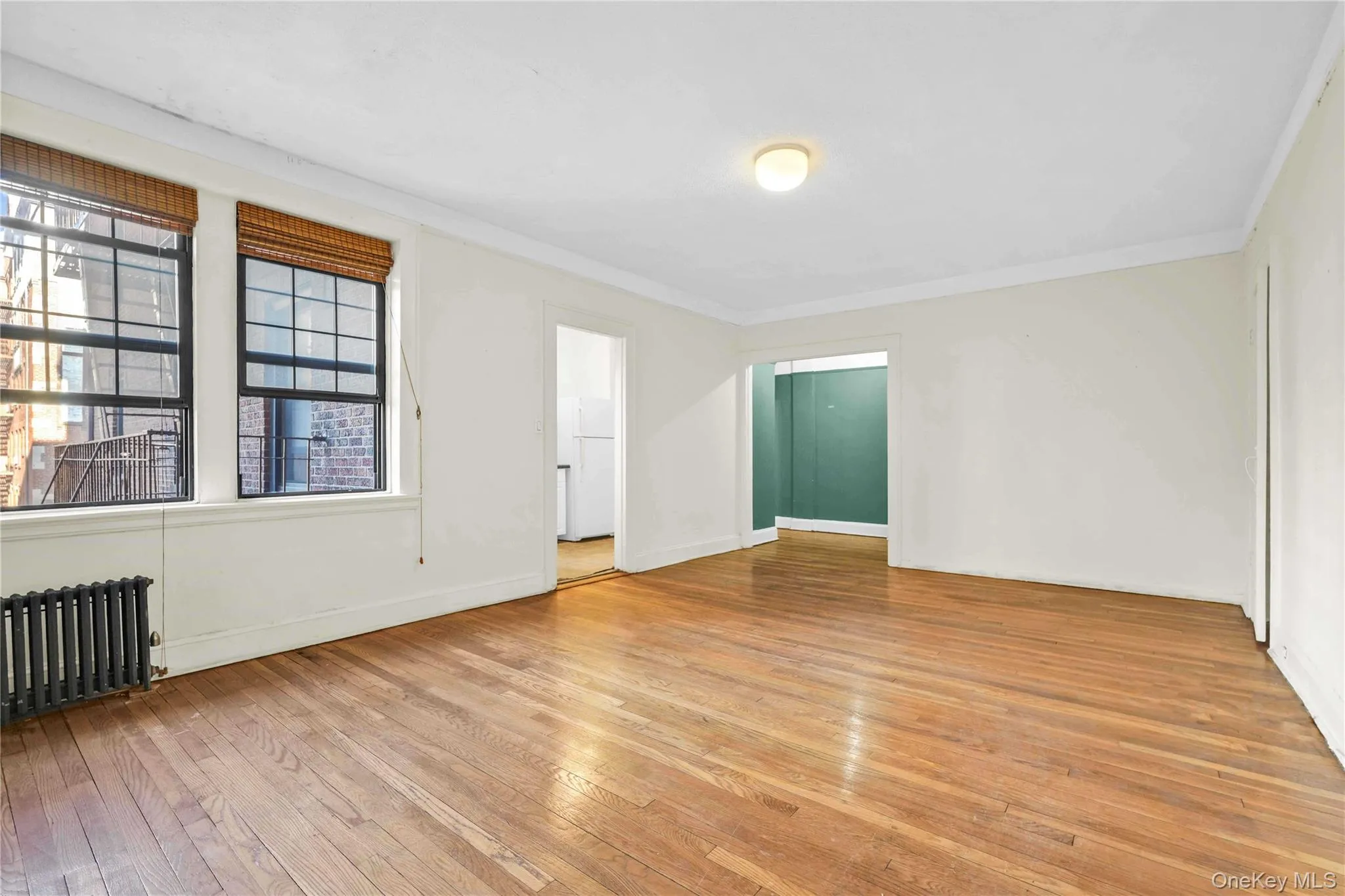 Spare room featuring radiator, light wood-style flooring, and ornamental molding Spare room featuring radiator, light wood-style flooring, and ornamental molding