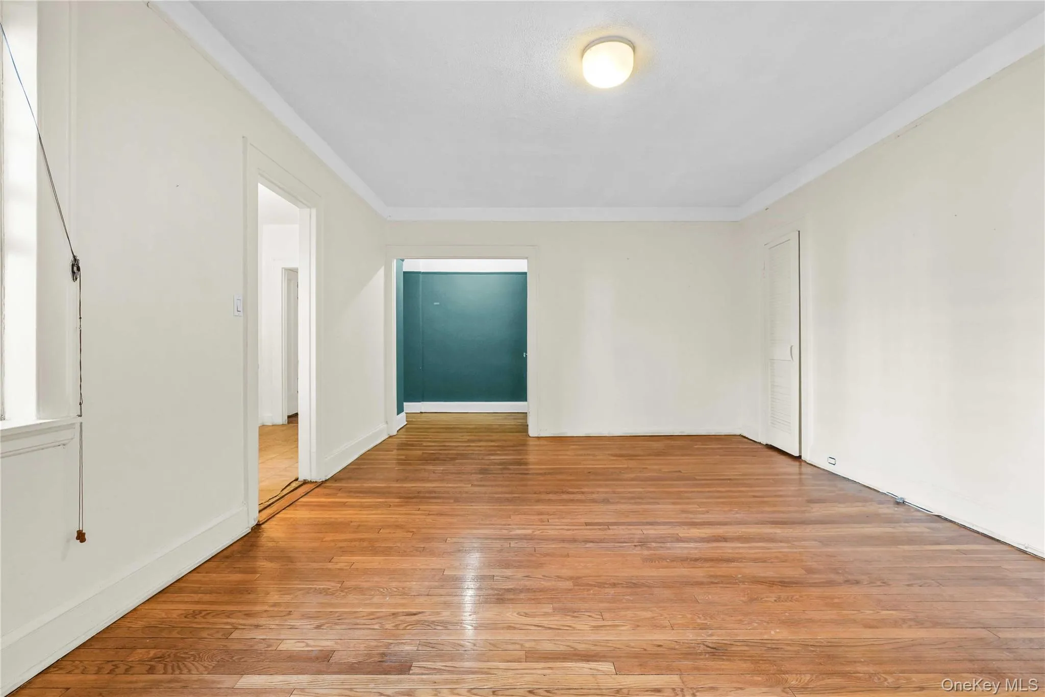 Unfurnished room featuring light wood-type flooring and ornamental molding Unfurnished room featuring light wood-type flooring and ornamental molding