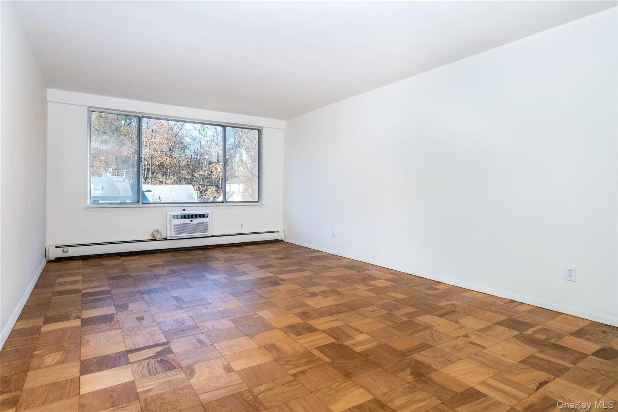 Living room with an AC wall unit and baseboard heaters Living room with an AC wall unit and baseboard heaters
