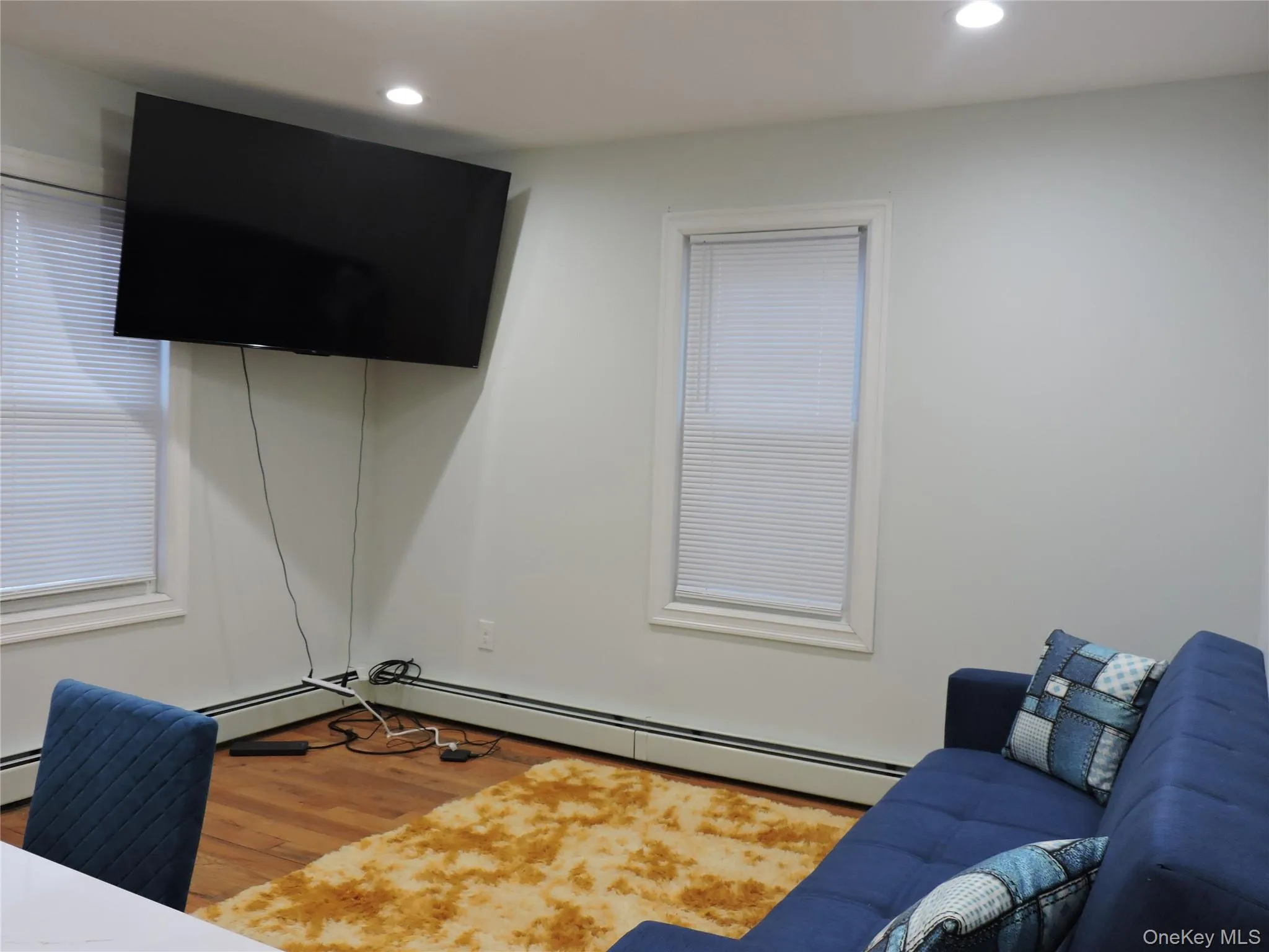 Living area featuring wood finished floors, a baseboard heating unit, and recessed lighting Living area featuring wood finished floors, a baseboard heating unit, and recessed lighting