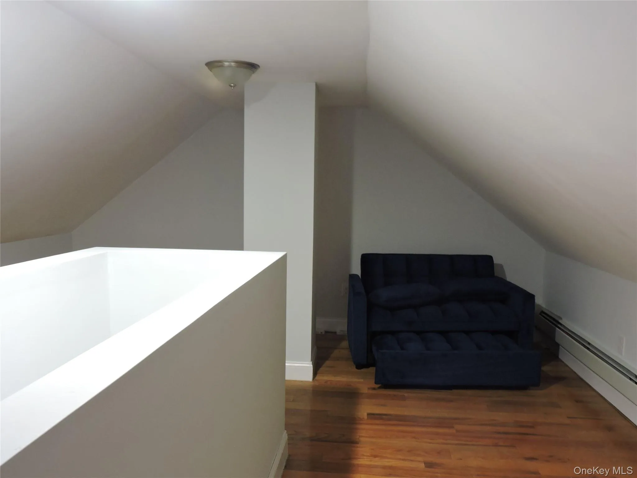 Sitting room featuring baseboard heating, dark wood-style floors, and vaulted ceiling Sitting room featuring baseboard heating, dark wood-style floors, and vaulted ceiling