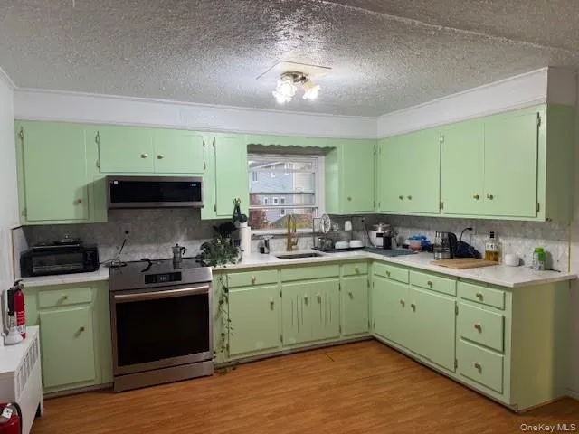 Kitchen featuring stainless steel electric range oven, green cabinets, light wood finished floors, a textured ceiling, and decorative backsplash Kitchen featuring stainless steel electric range oven, green cabinets, light wood finished floors, a textured ceiling, and decorative backsplash