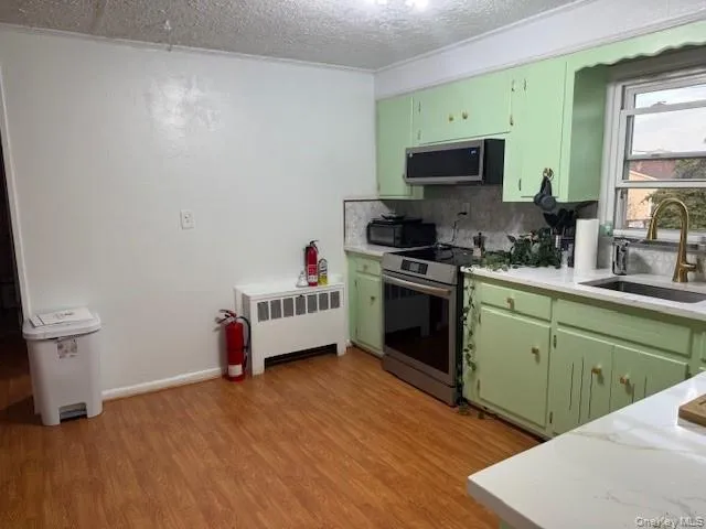 Kitchen with green cabinets, a textured ceiling, appliances with stainless steel finishes, radiator, and tasteful backsplash Kitchen with green cabinets, a textured ceiling, appliances with stainless steel finishes, radiator, and tasteful backsplash