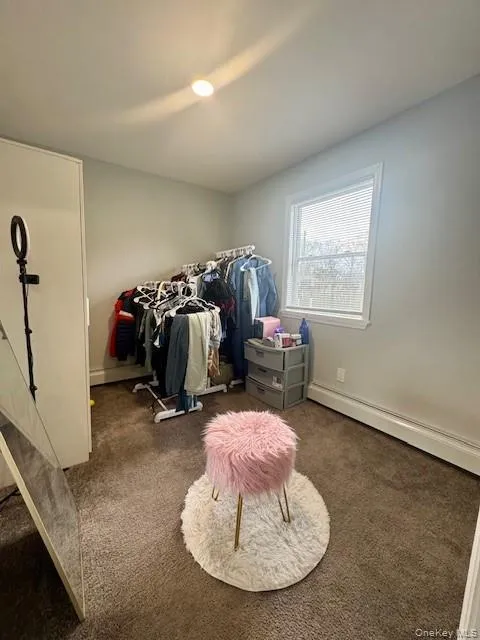 Spacious closet featuring a baseboard radiator and carpet Spacious closet featuring a baseboard radiator and carpet