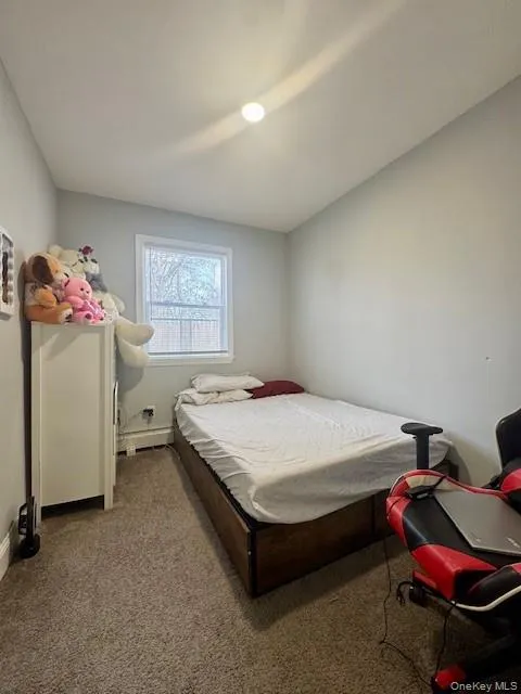 Bedroom featuring carpet flooring and a baseboard heating unit Bedroom featuring carpet flooring and a baseboard heating unit