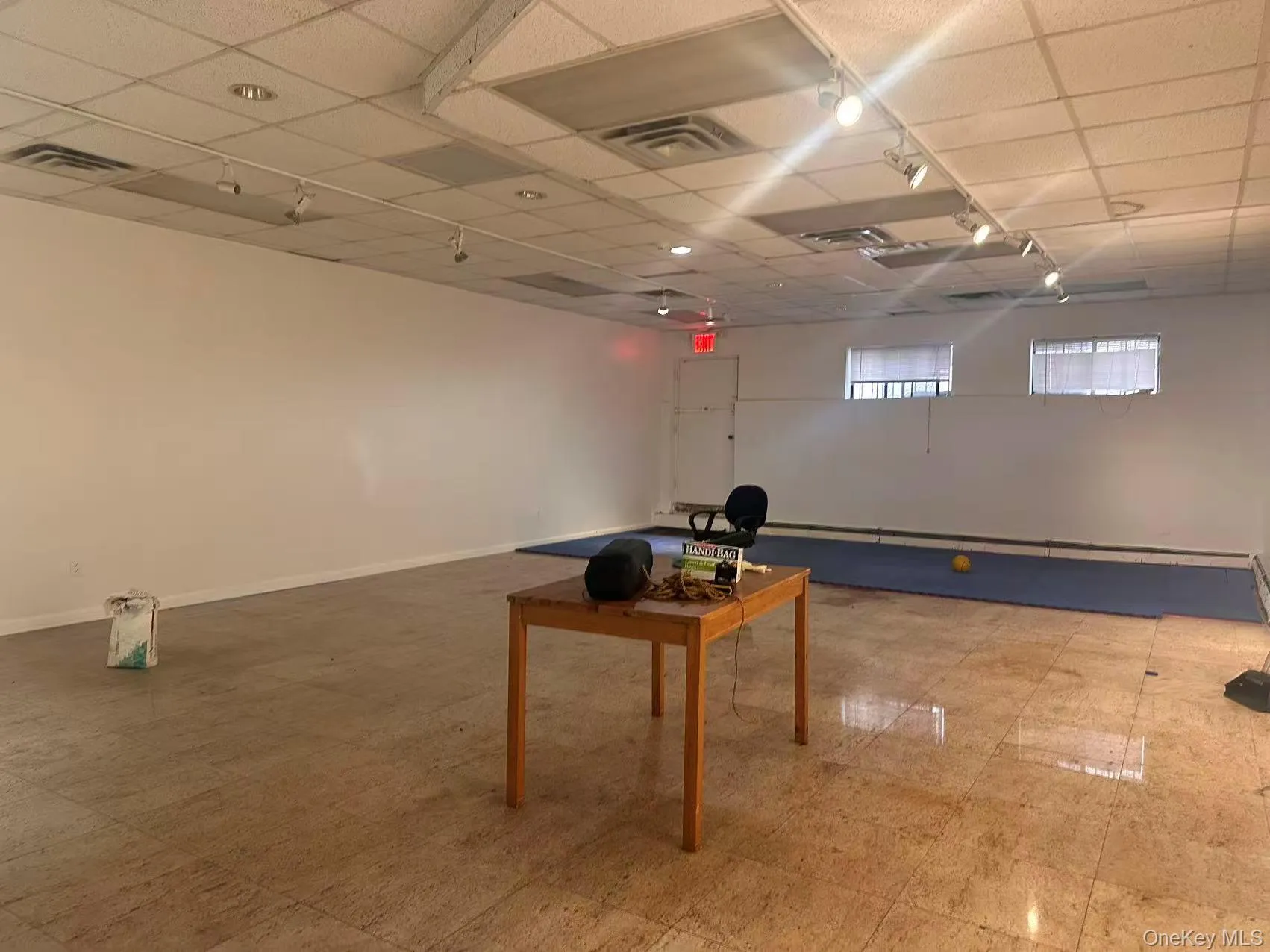 Basement with track lighting and a paneled ceiling Basement with track lighting and a paneled ceiling