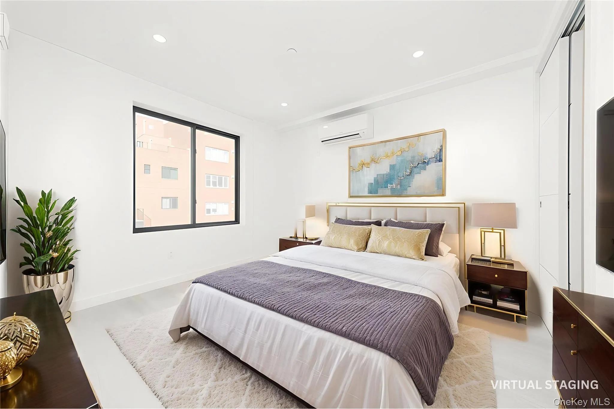 Bedroom featuring a wall mounted AC and recessed lighting Bedroom featuring a wall mounted AC and recessed lighting