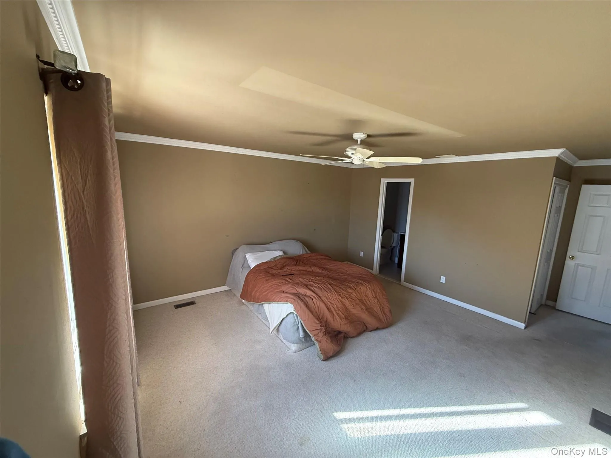Carpeted bedroom featuring crown molding and a ceiling fan Carpeted bedroom featuring crown molding and a ceiling fan