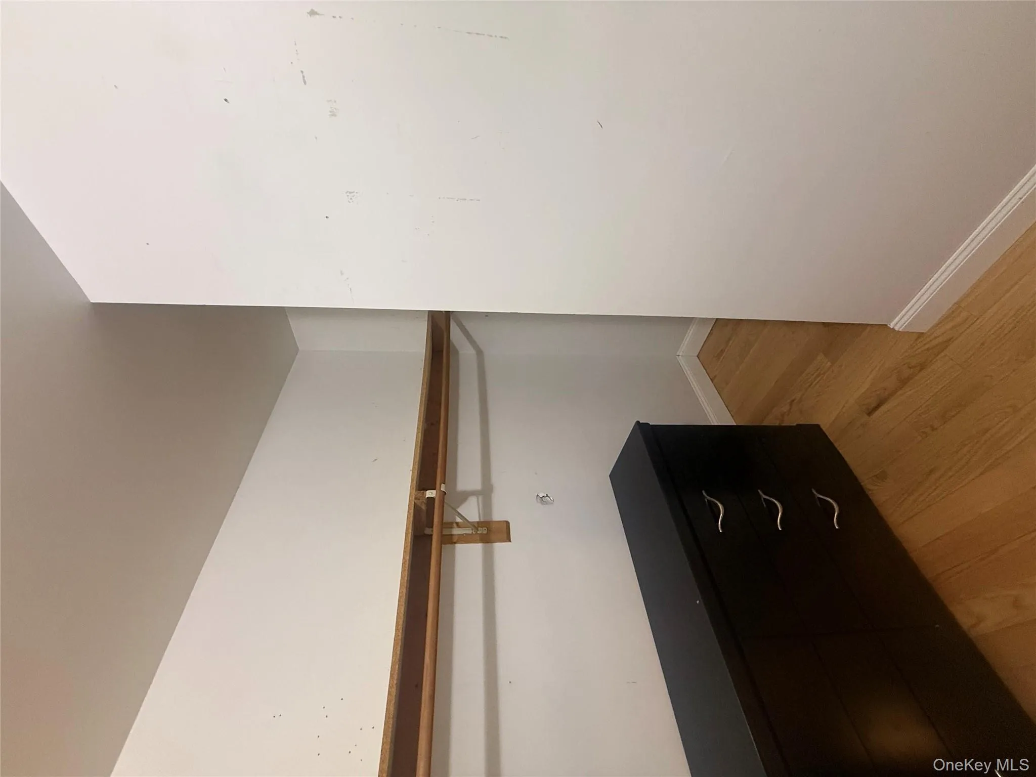 Walk-in closet featuring wood hanging rods, built-in shelving, and continuous hardwood flooring for a seamless look. Walk-in closet featuring wood hanging rods, built-in shelving, and continuous hardwood flooring for a seamless look.