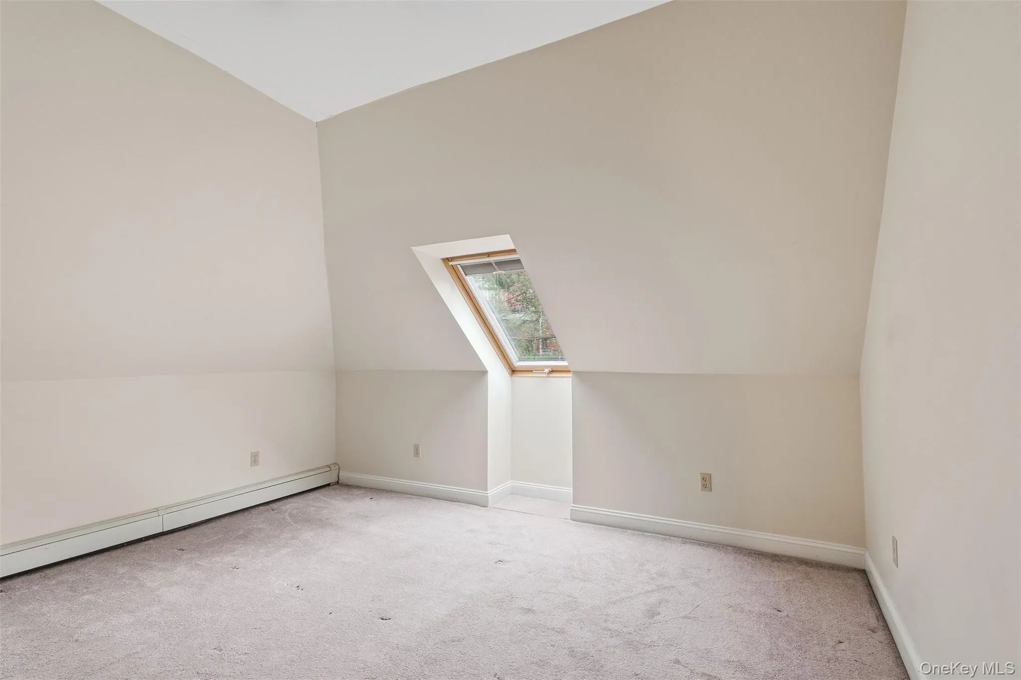 Additional living space featuring a skylight, lofted ceiling, light carpet, and a baseboard radiator Additional living space featuring a skylight, lofted ceiling, light carpet, and a baseboard radiator