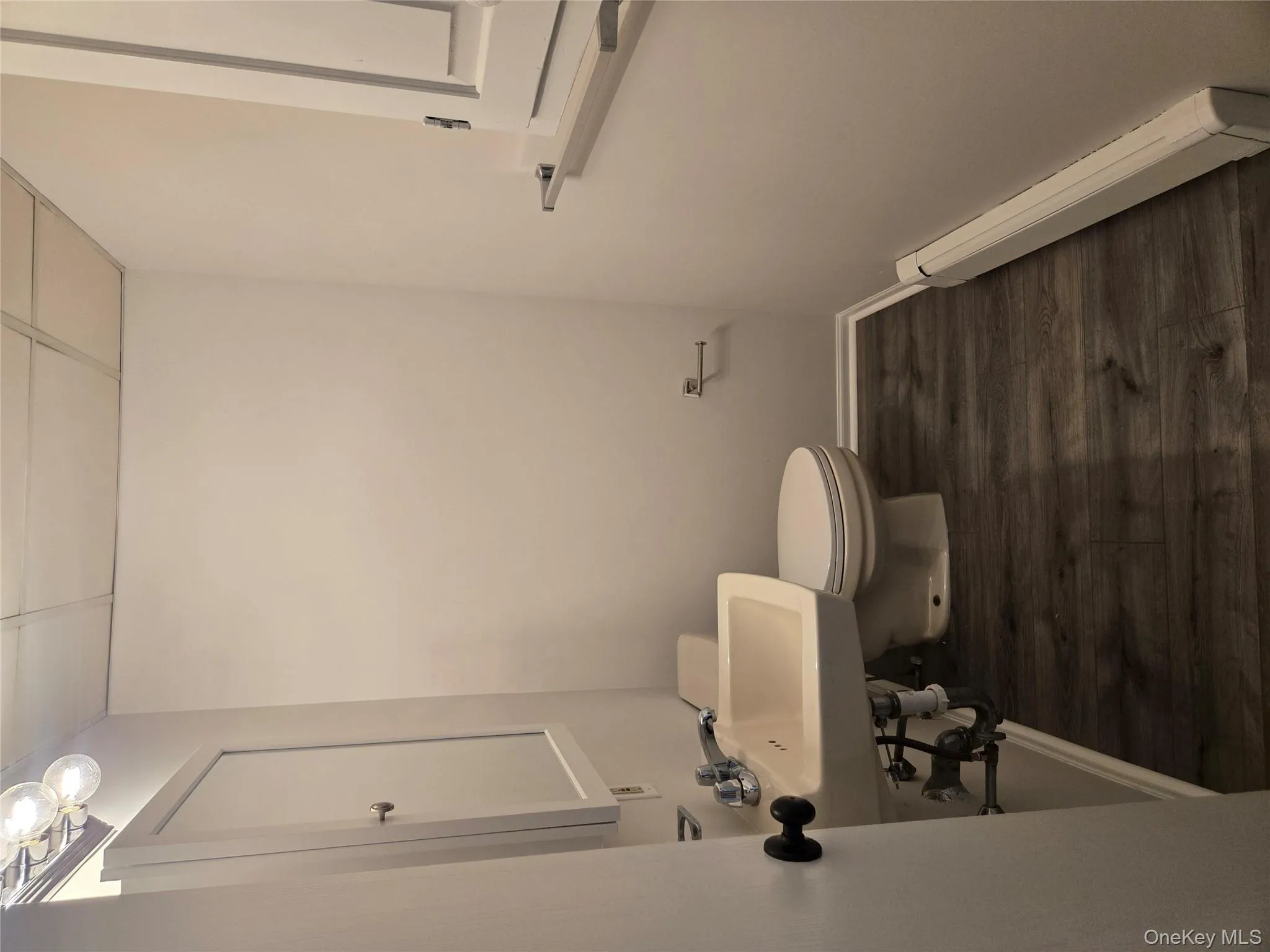 Bathroom with a baseboard radiator, dark wood-type flooring, and a drop ceiling Bathroom with a baseboard radiator, dark wood-type flooring, and a drop ceiling